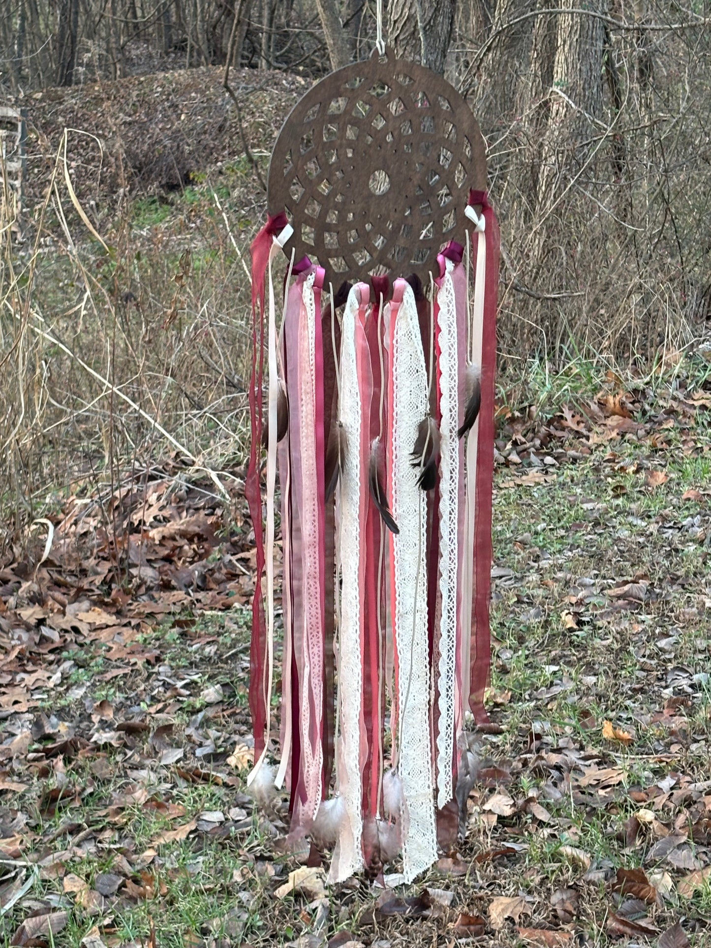 Wooden Dreamcatcher with Delicate Lace and Flowing Ribbons