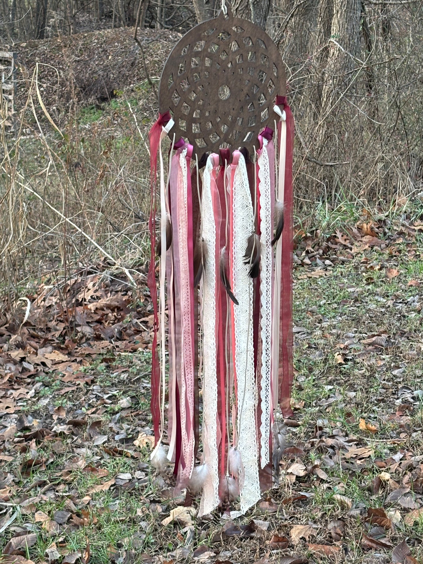 Wooden Dreamcatcher with Delicate Lace and Flowing Ribbons