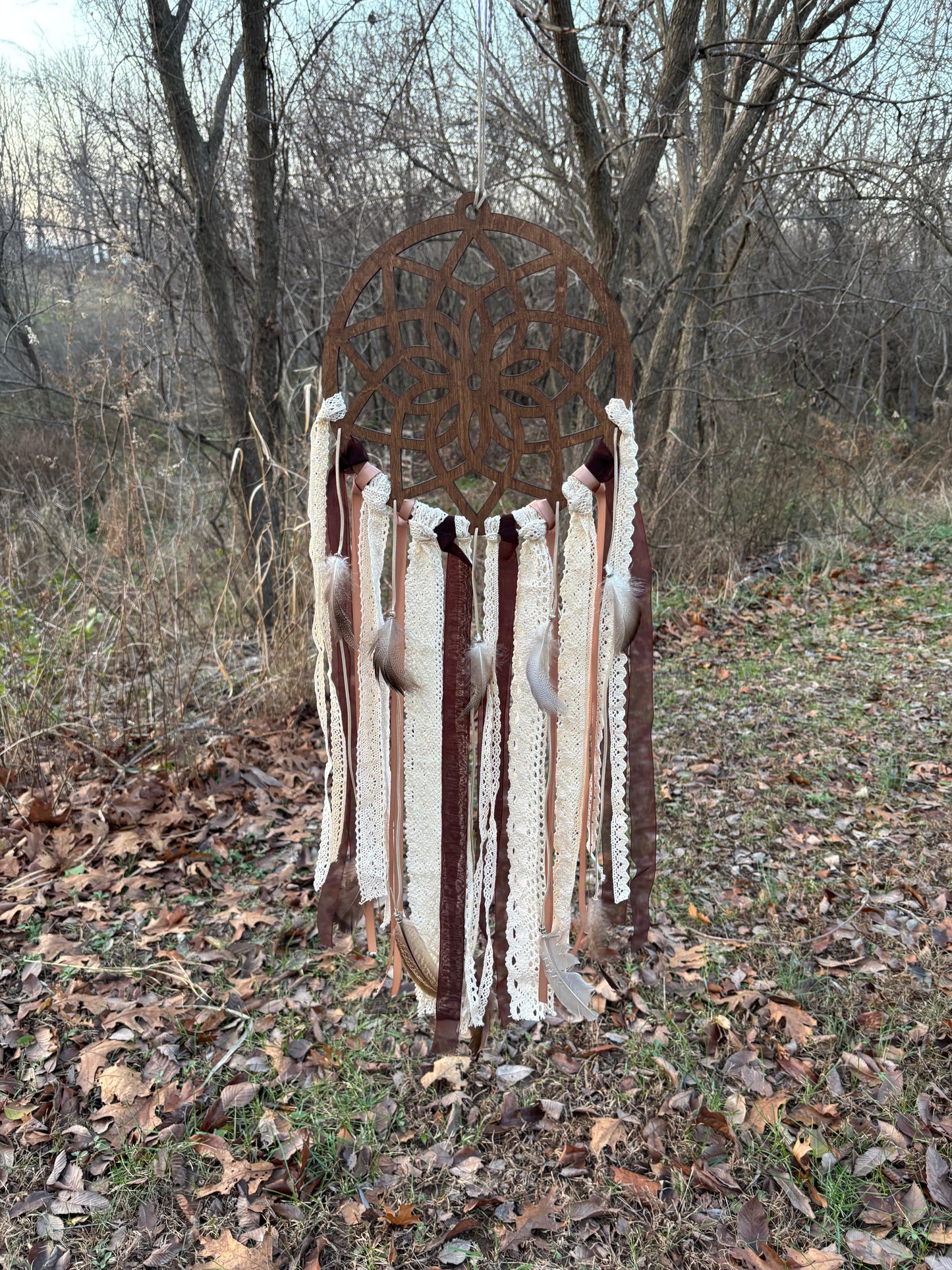 Wooden Dreamcatcher with Delicate Lace and Flowing Ribbons