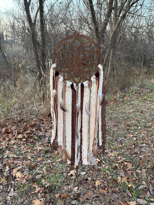 Wooden Dreamcatcher with Delicate Lace and Flowing Ribbons