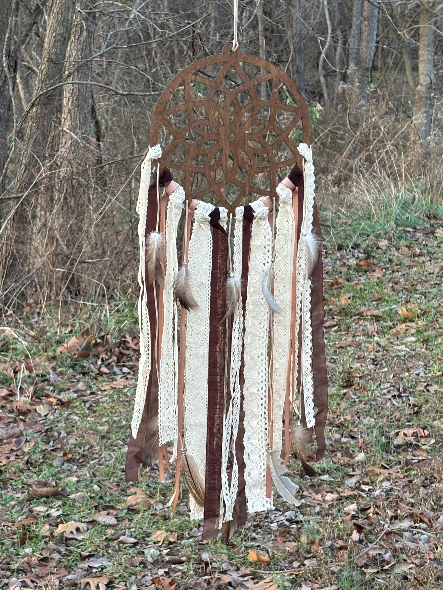 Wooden Dreamcatcher with Delicate Lace and Flowing Ribbons