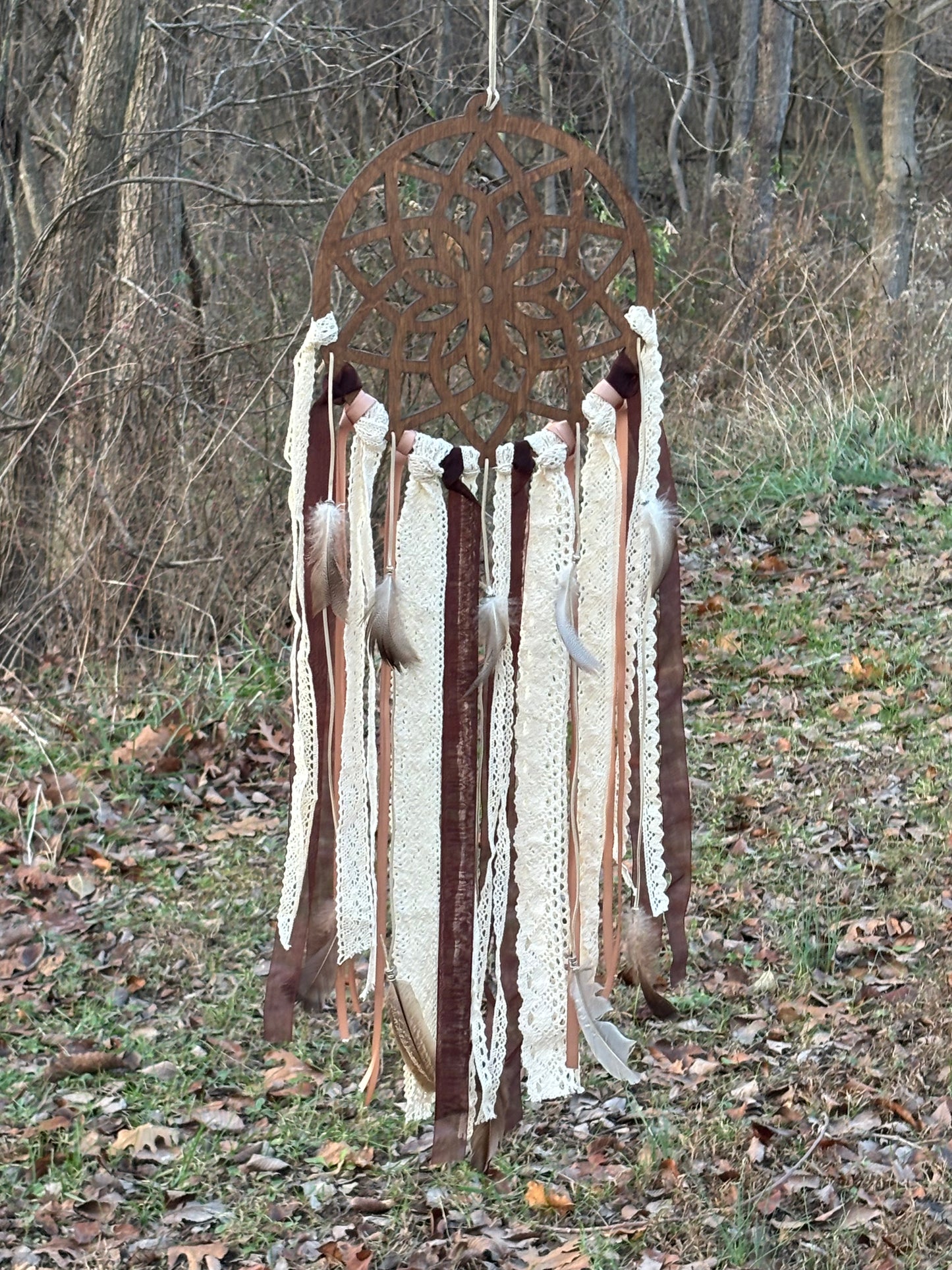 Wooden Dreamcatcher with Delicate Lace and Flowing Ribbons