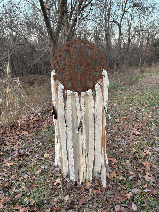 Wooden Dreamcatcher with Delicate Lace and Flowing Ribbons