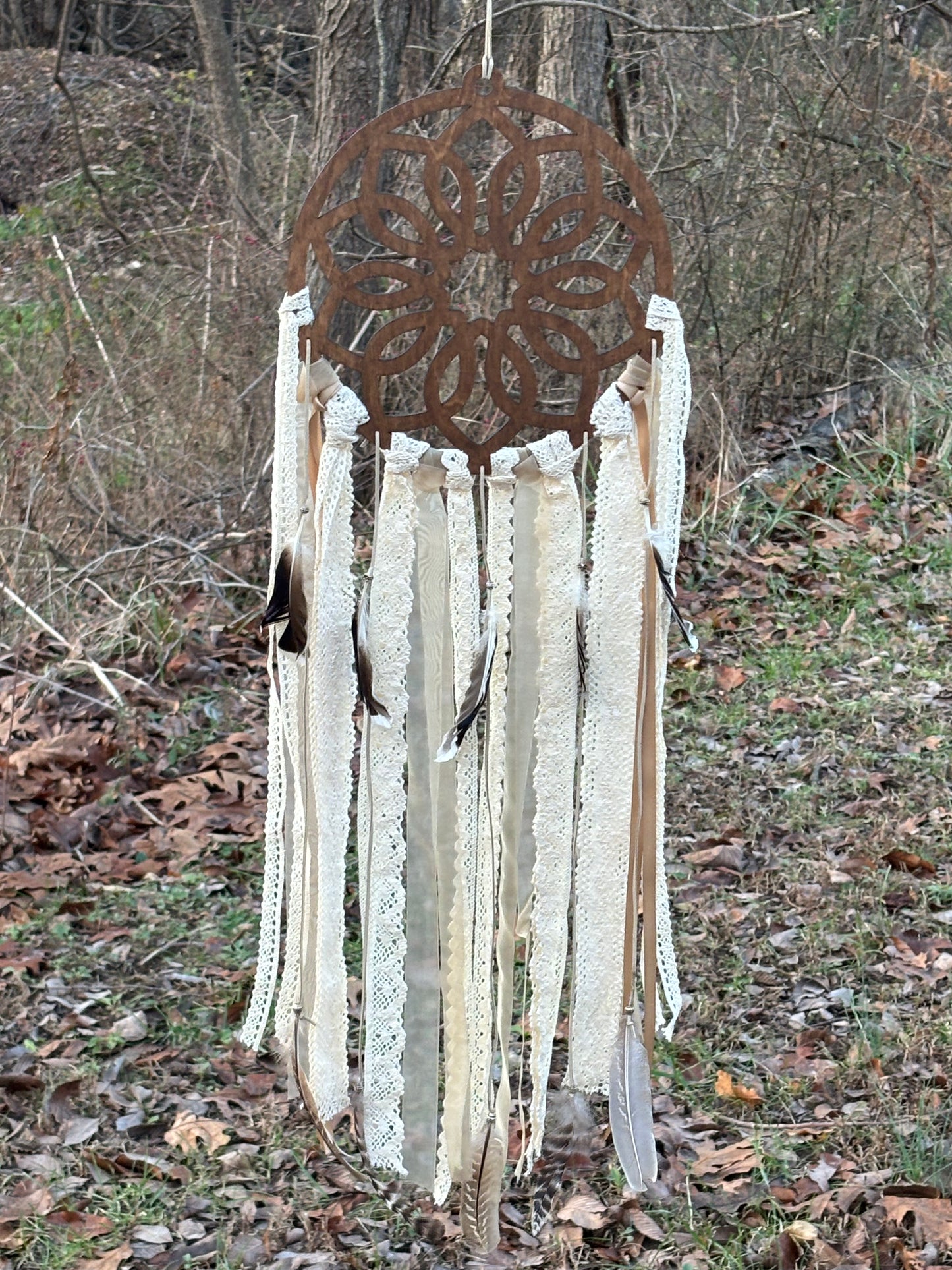 Wooden Dreamcatcher with Delicate Lace and Flowing Ribbons