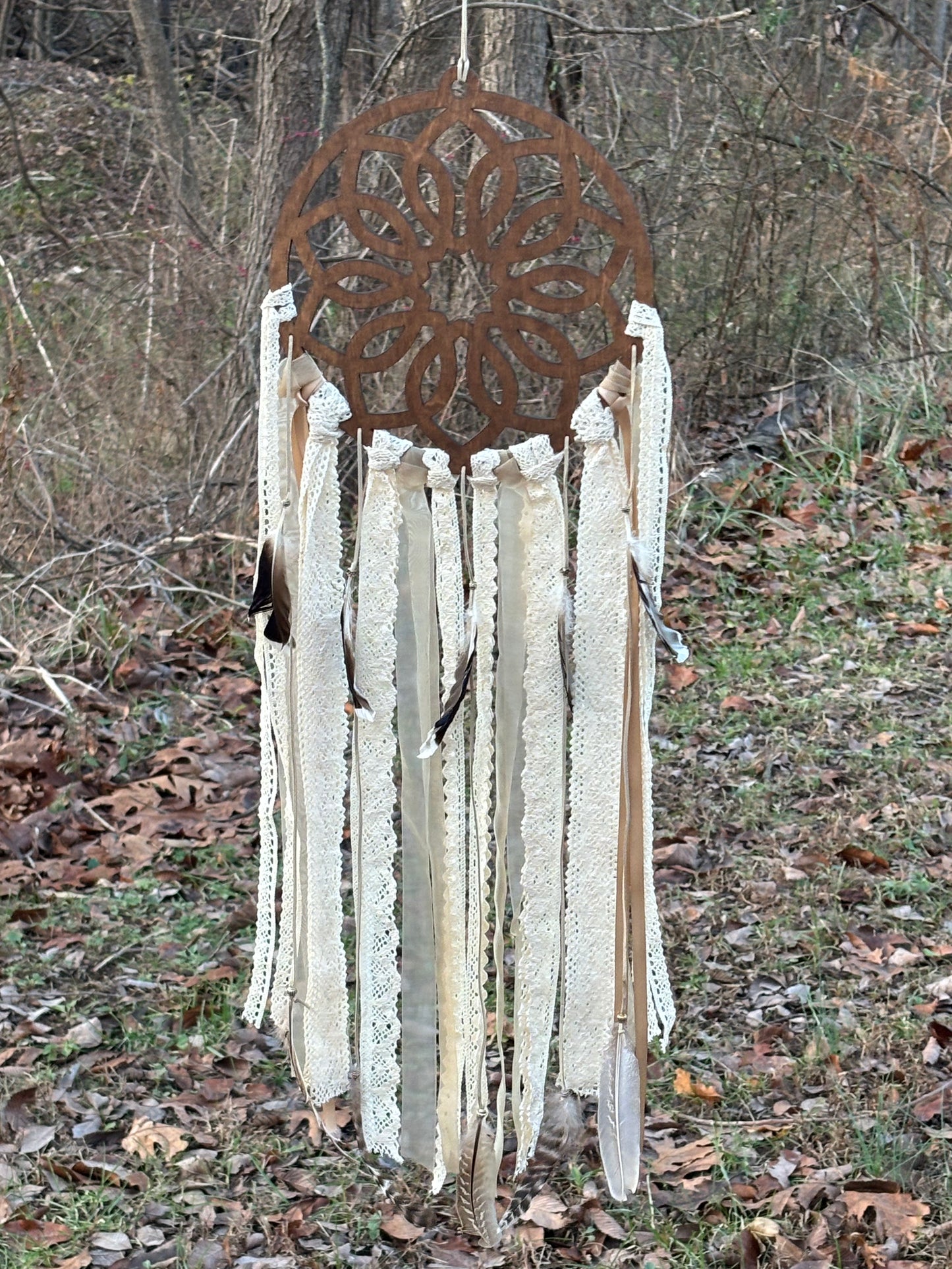 Wooden Dreamcatcher with Delicate Lace and Flowing Ribbons