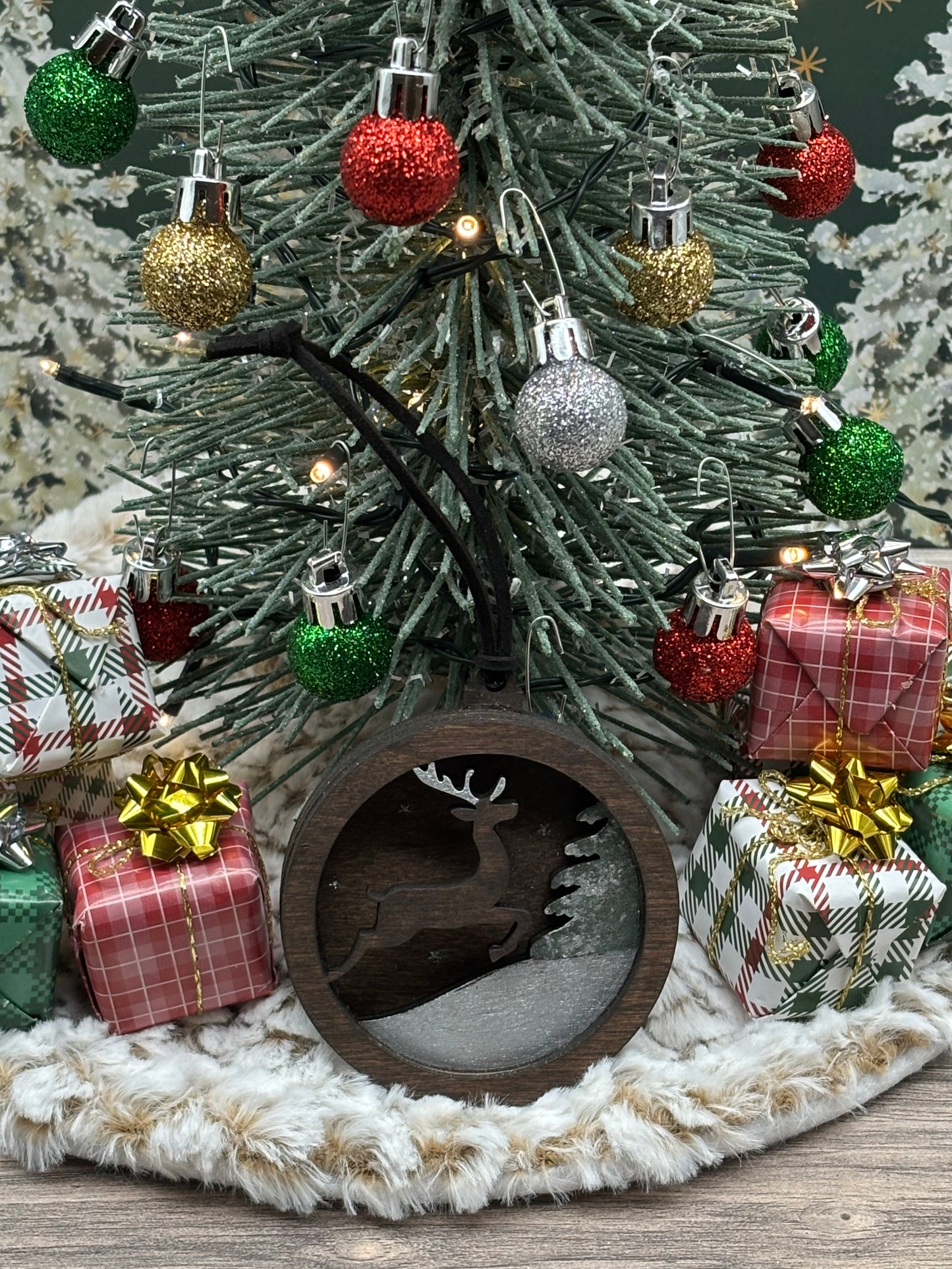 3D Layered Ornament Featuring Leaping Deer in Snow
