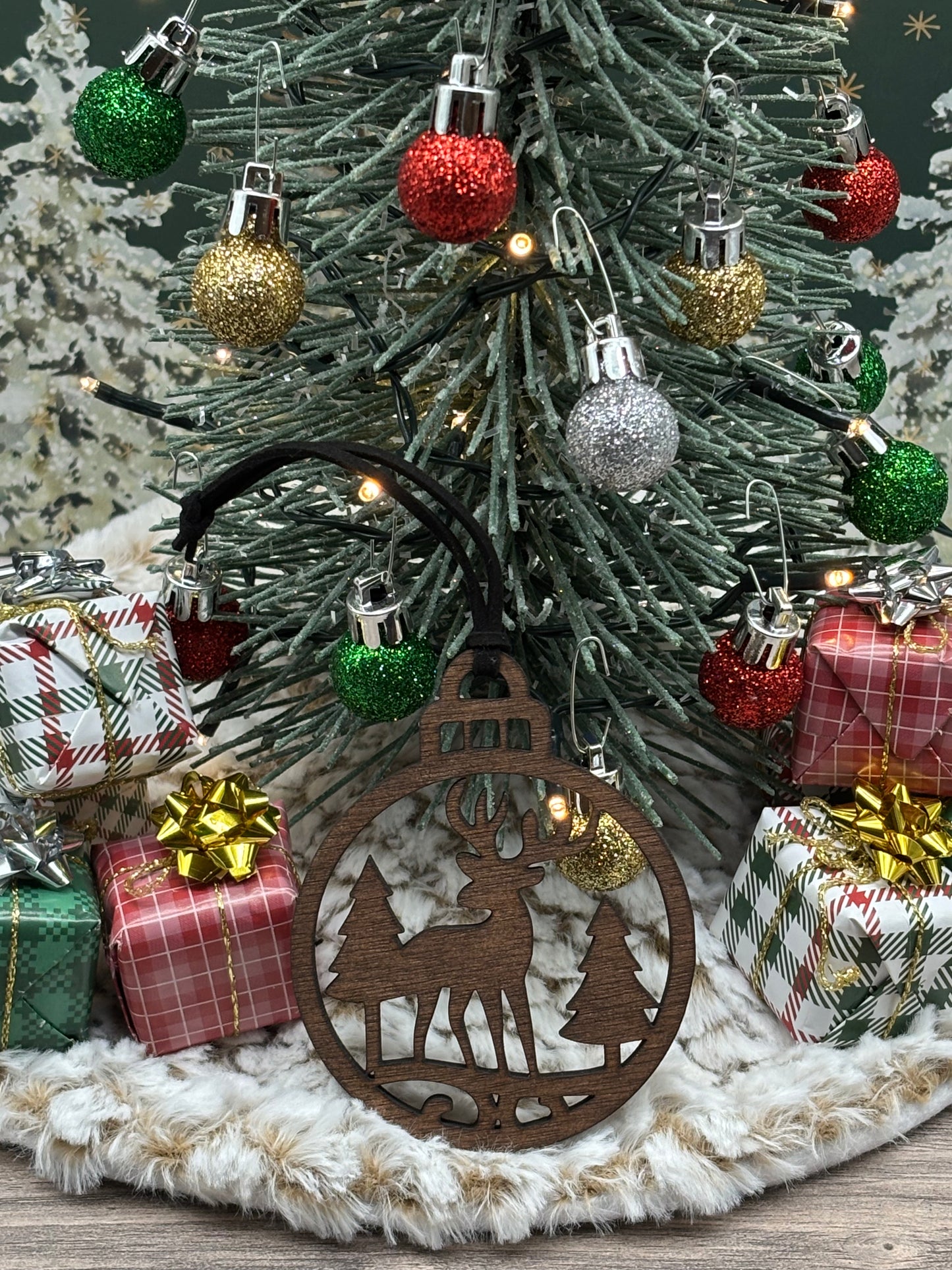 Solid Oak Deer in Forest Scene Ornament