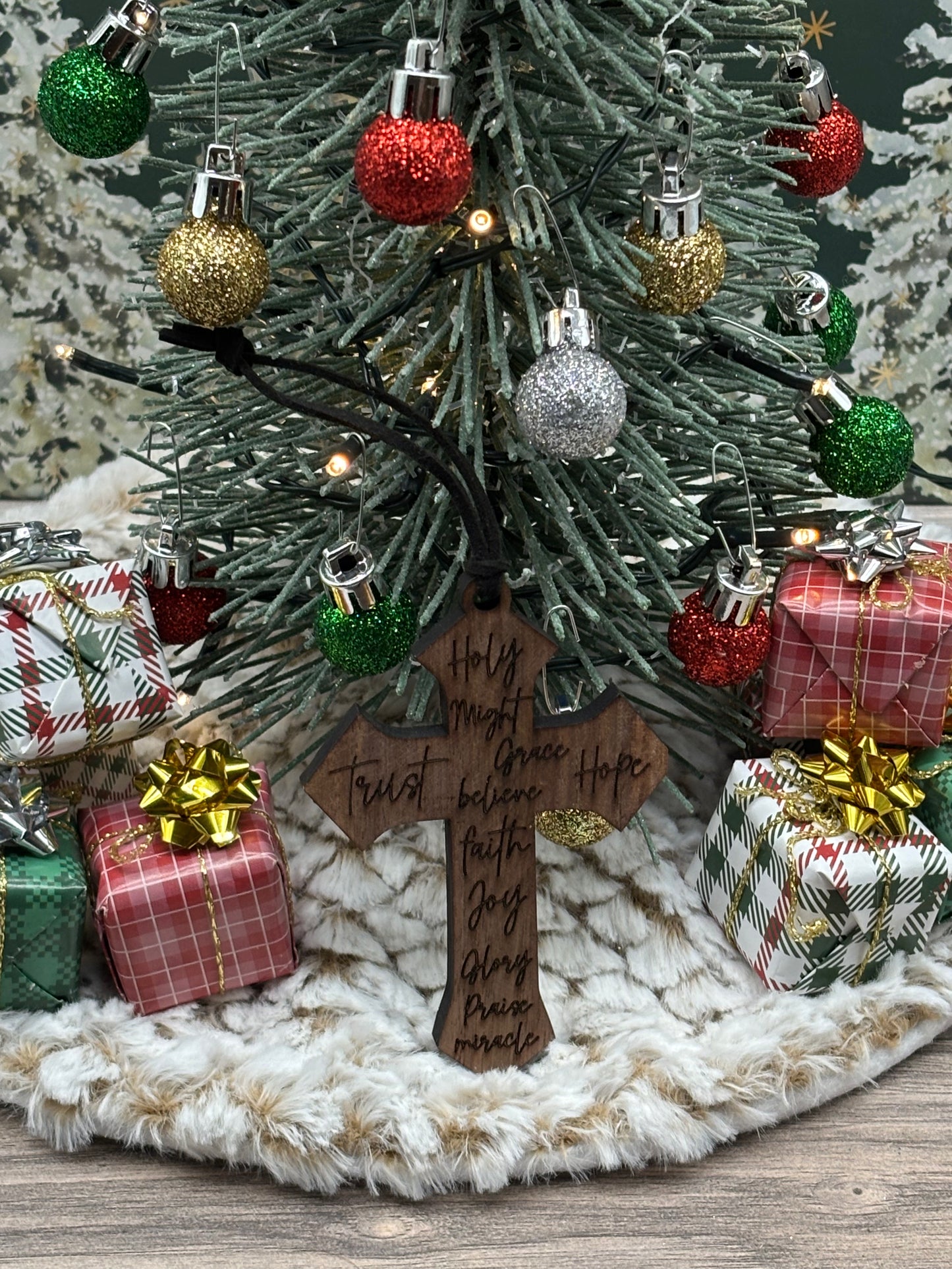 Solid Oak Elegant Engraved Cross Ornament