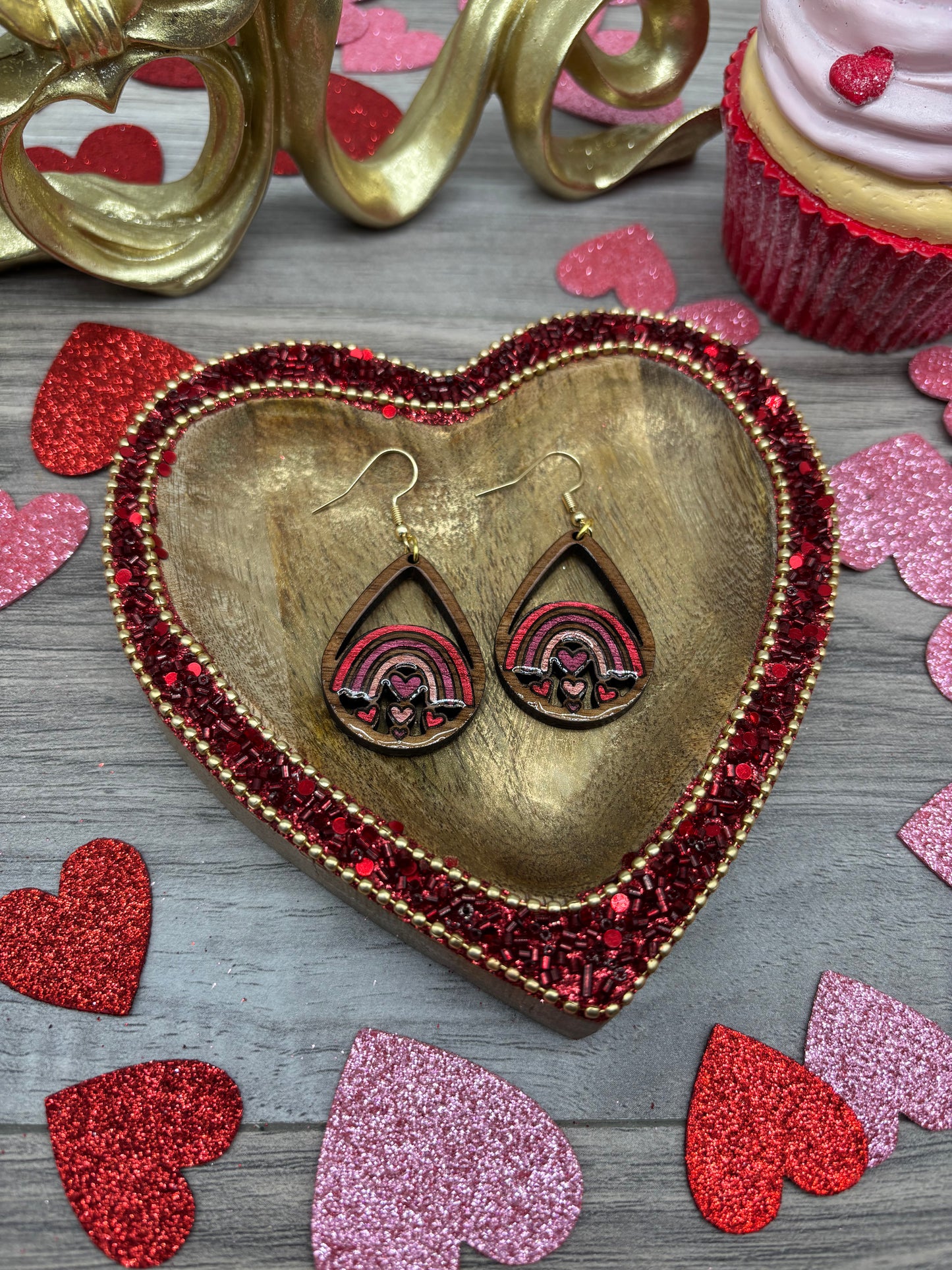 Heart Rainbow Teardrop Earrings – Laser Engraved & Hand Painted Black Walnut Wood