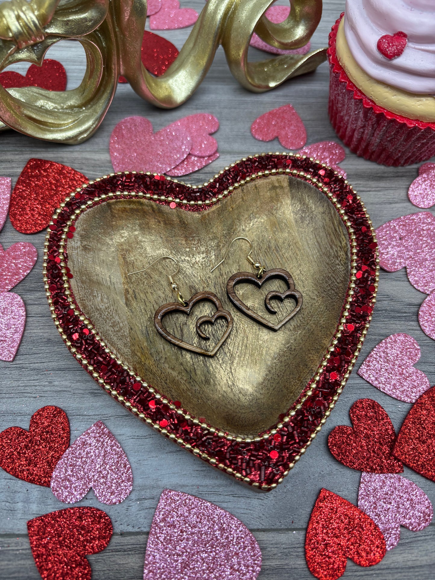 Double Heart Cutout Wooden Earrings – Laser Cut Black Walnut Wood