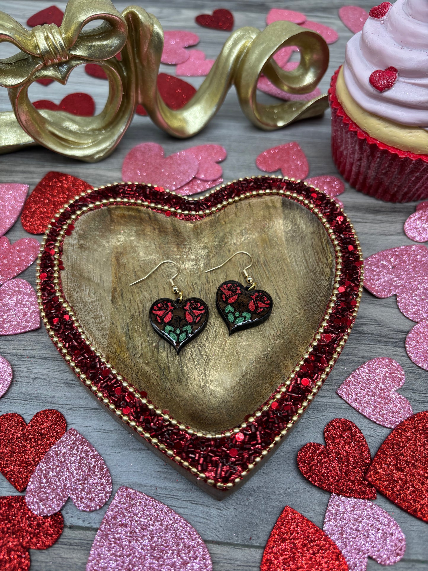 Rose Heart Earrings – Laser Engraved & Hand Painted Black Walnut Wood
