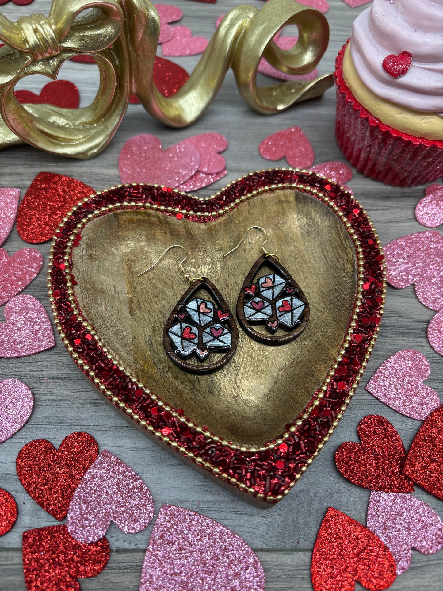 Love Letter Teardrop Earrings – Laser Engraved & Hand Painted Black Walnut Wood