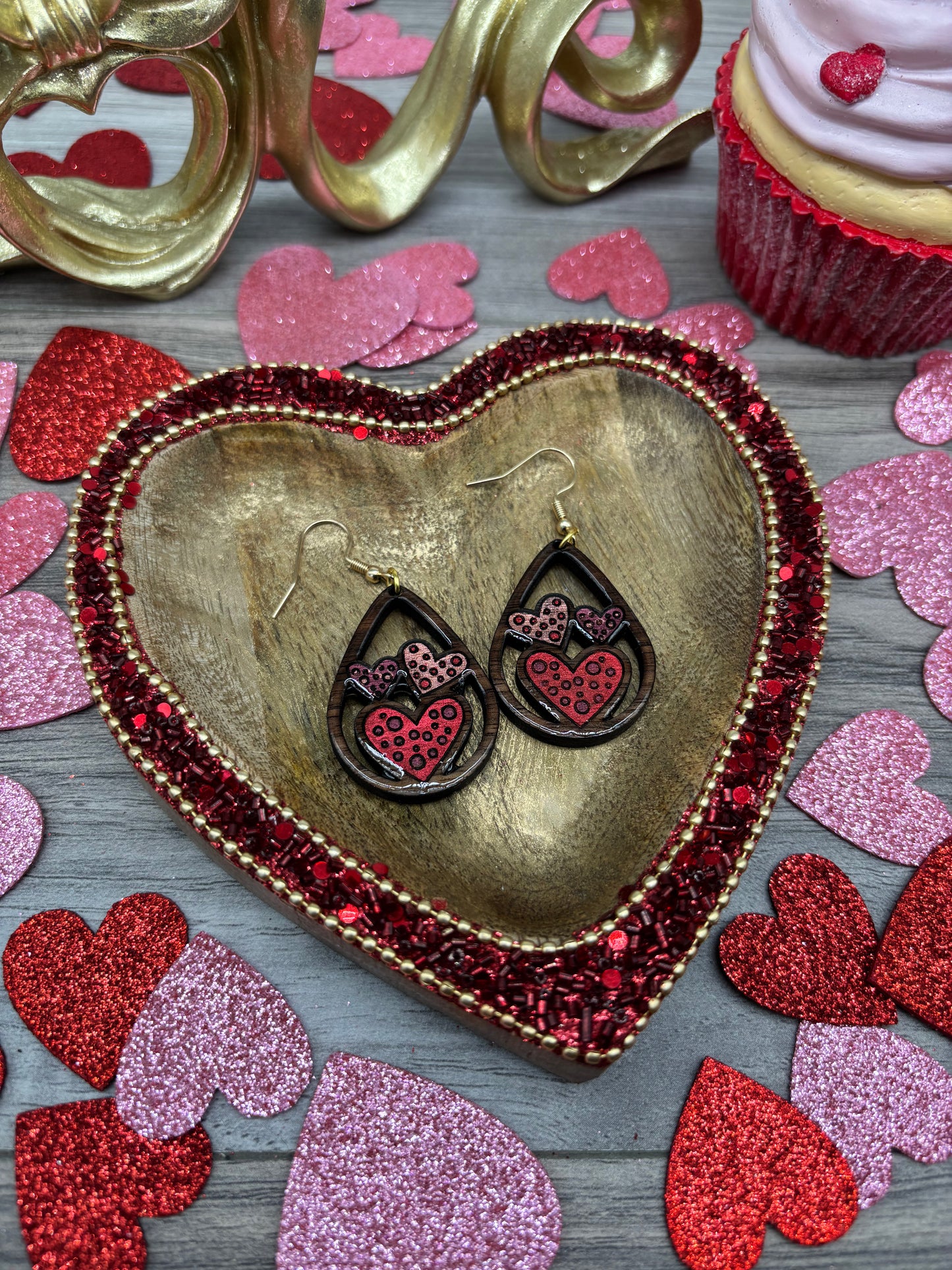 Triple Heart Teardrop Earrings – Laser Engraved & Hand Painted Black Walnut Wood