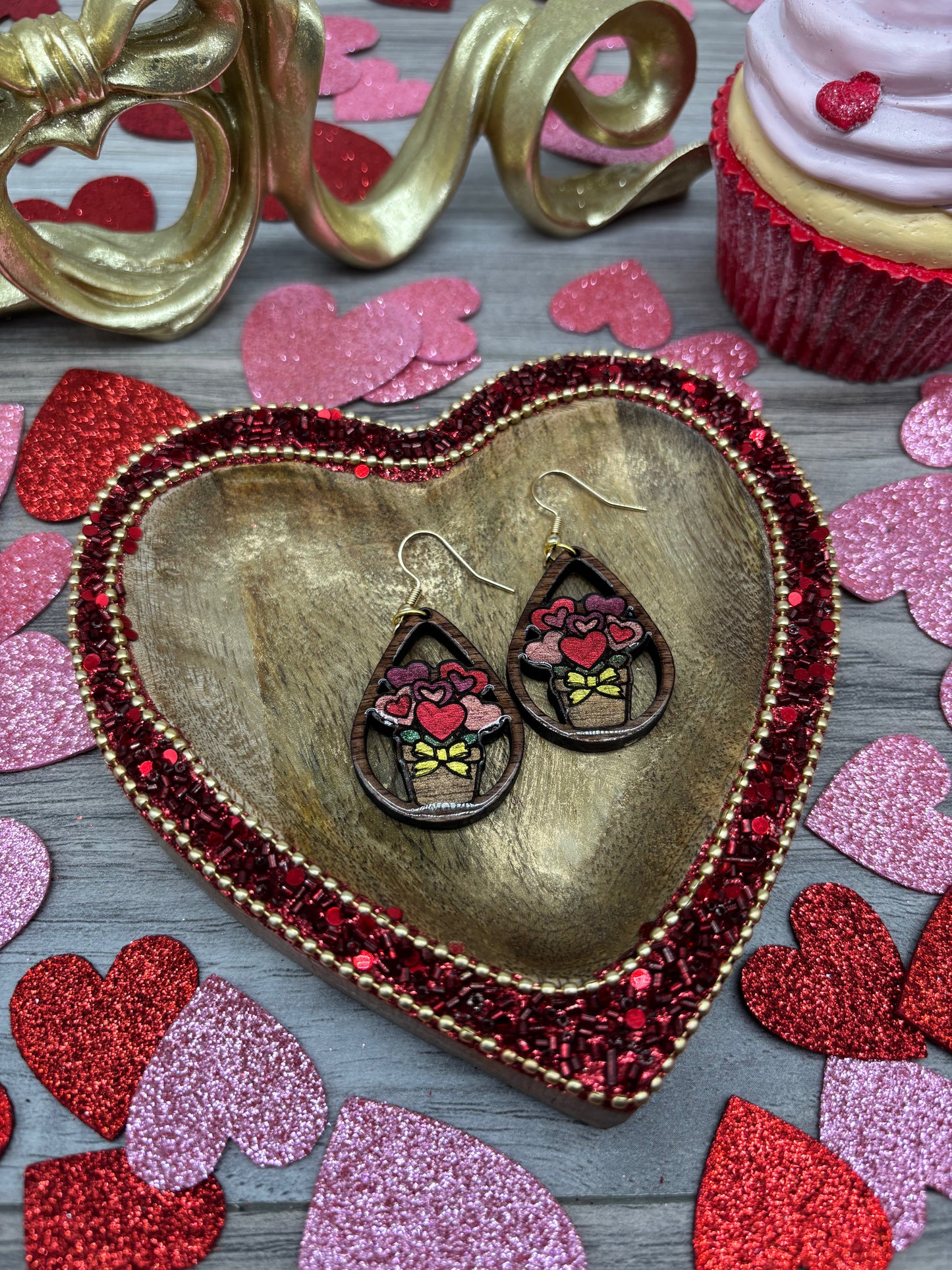 Romantic Heart Bouquet Wooden Teardrop Earrings – Laser Engraved & Hand Painted Black Walnut Wood