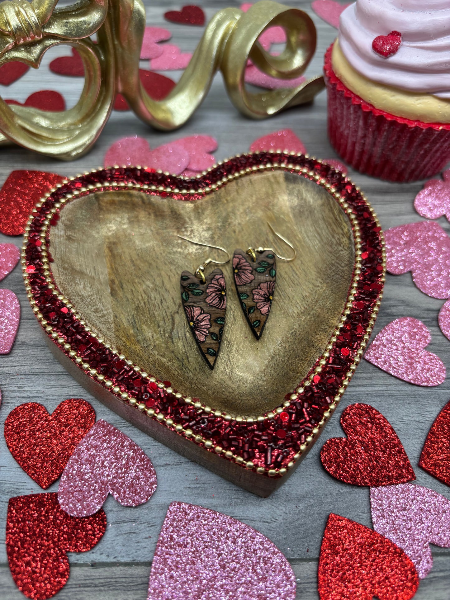 Floral Heart Drop Earrings – Laser Engraved & Hand Painted Black Walnut Wood