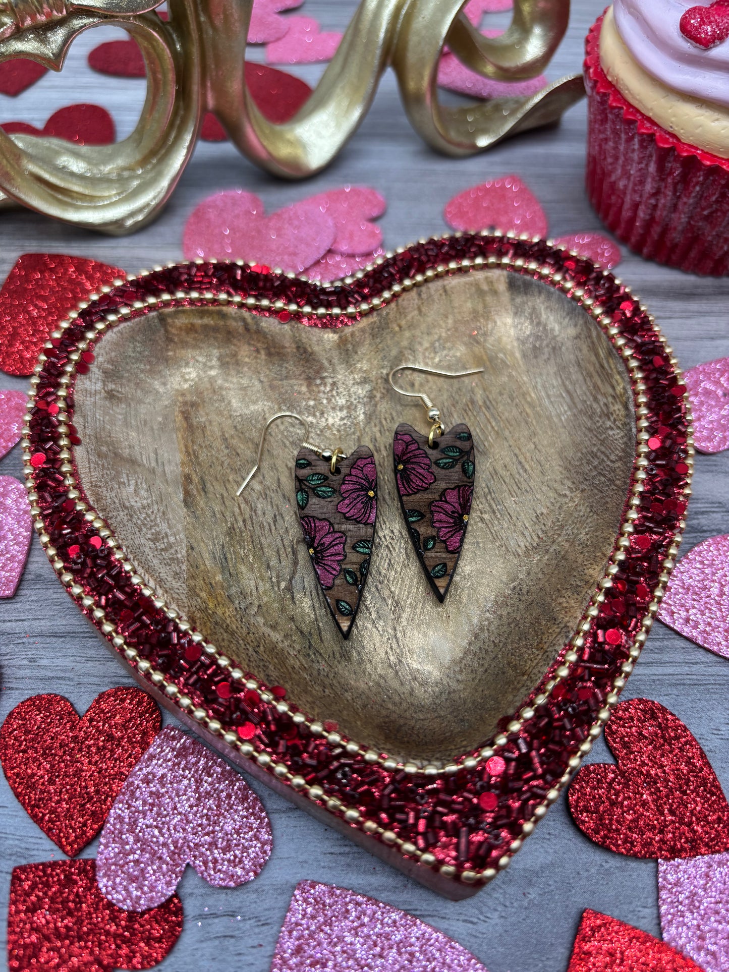 Floral Heart Drop Earrings – Laser Engraved & Hand Painted Black Walnut Wood