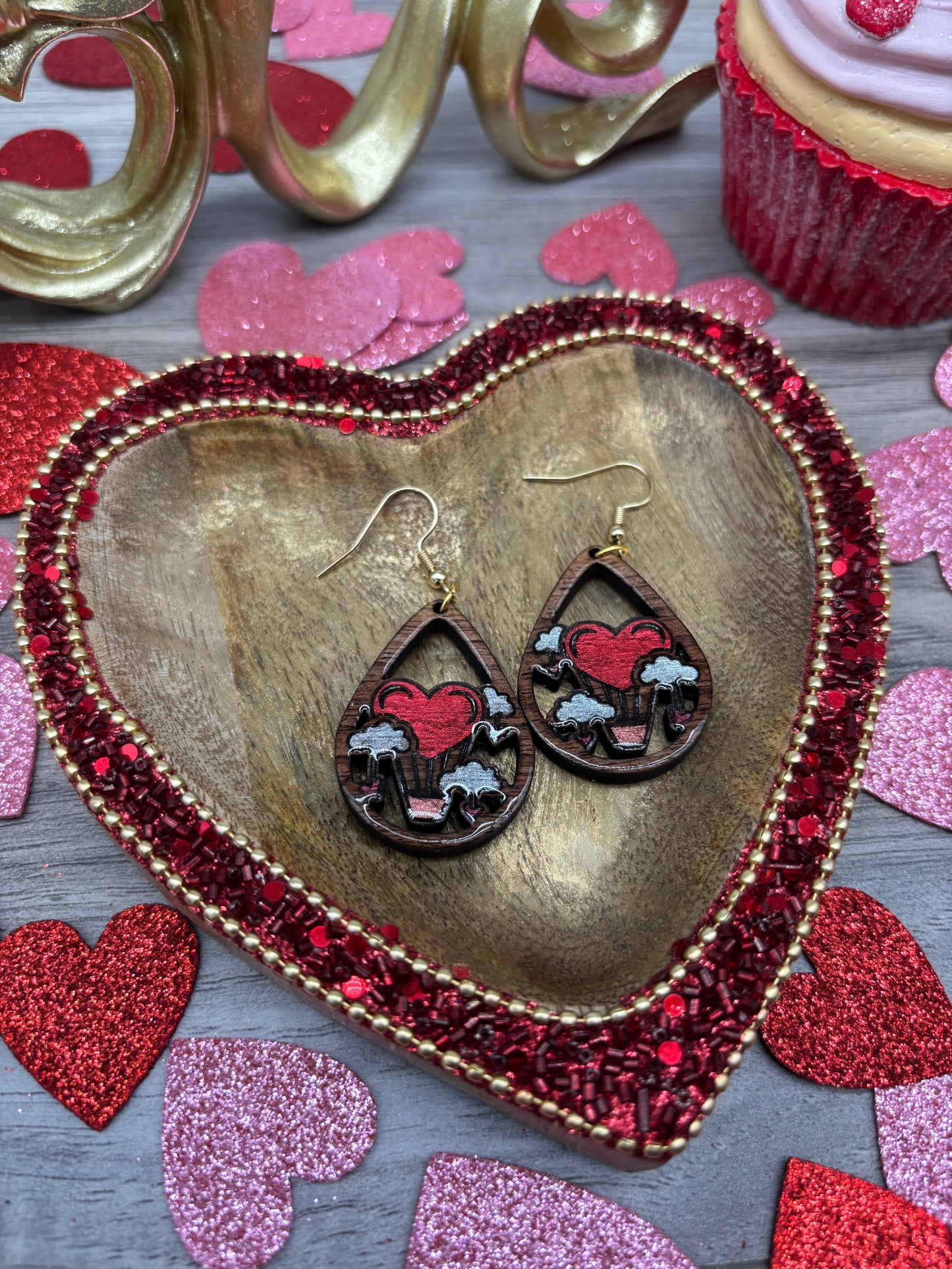 Hand Painted Black Walnut Wood Hot Air Balloon Heart Earrings