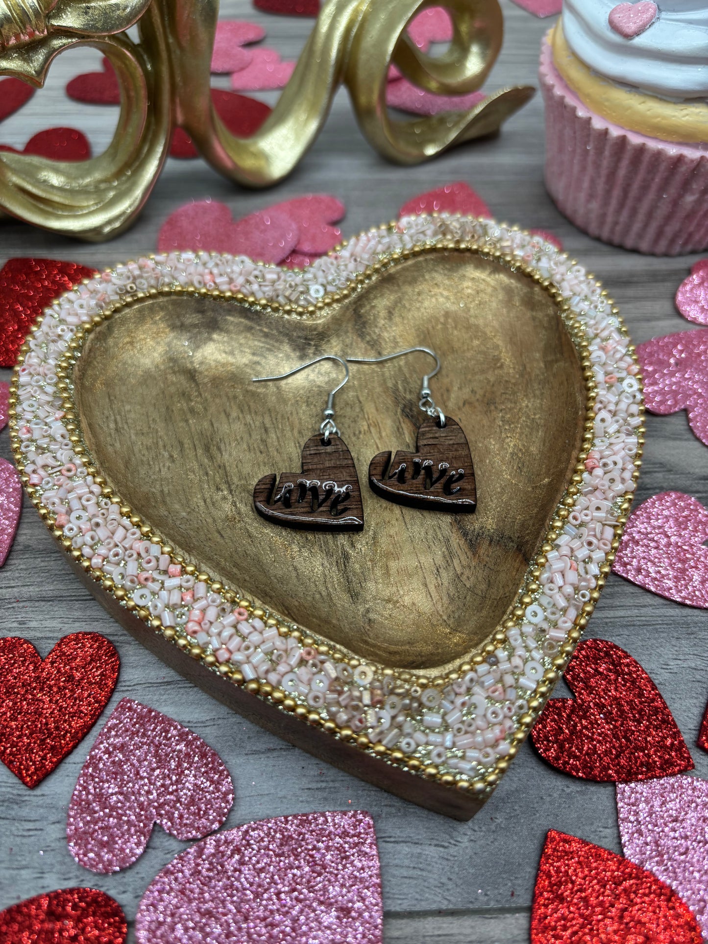 Laser Cut Black Walnut Wood “Love” Heart Earrings