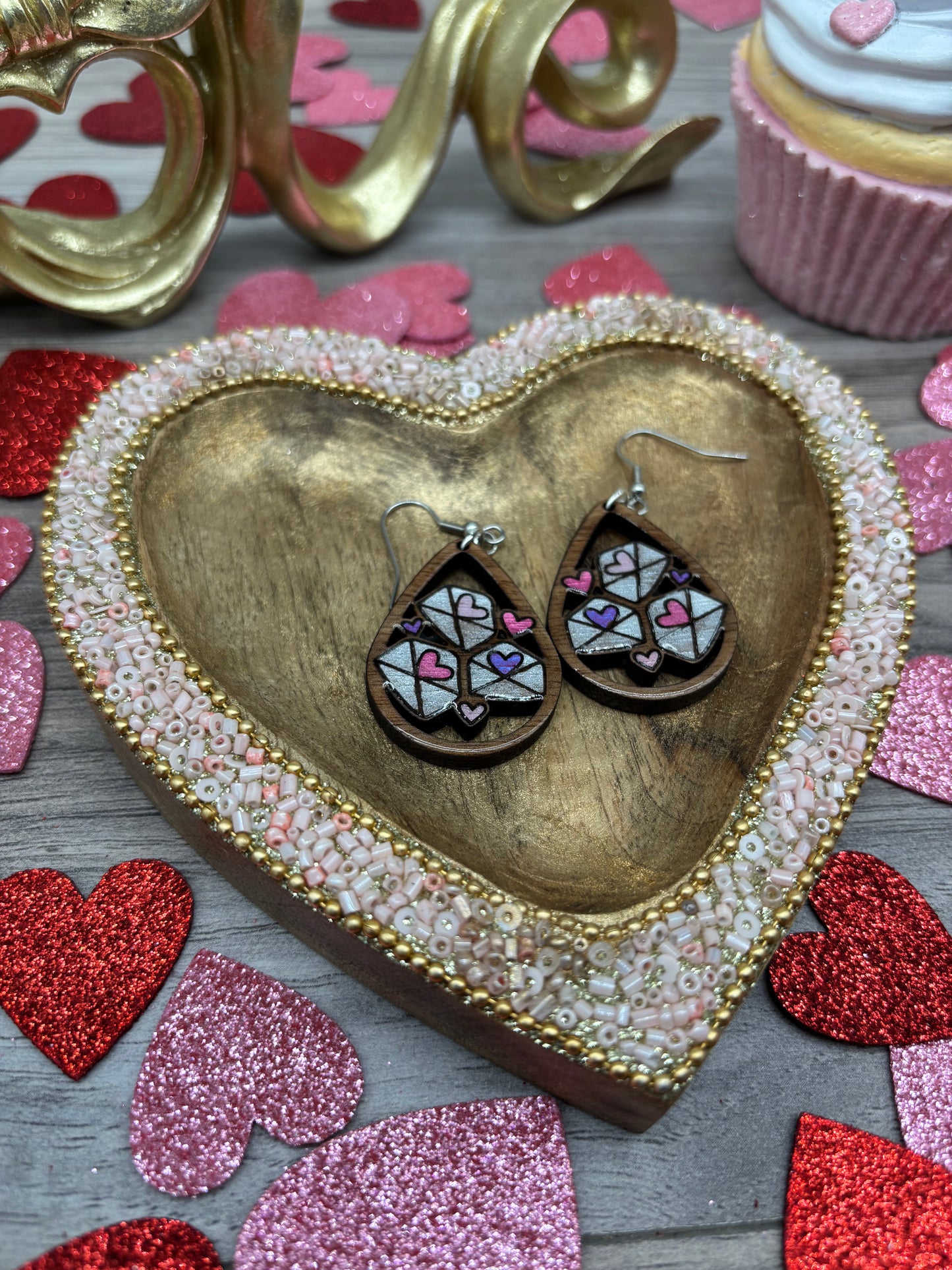 Love Letter Teardrop Earrings – Laser Engraved & Hand Painted Black Walnut Wood