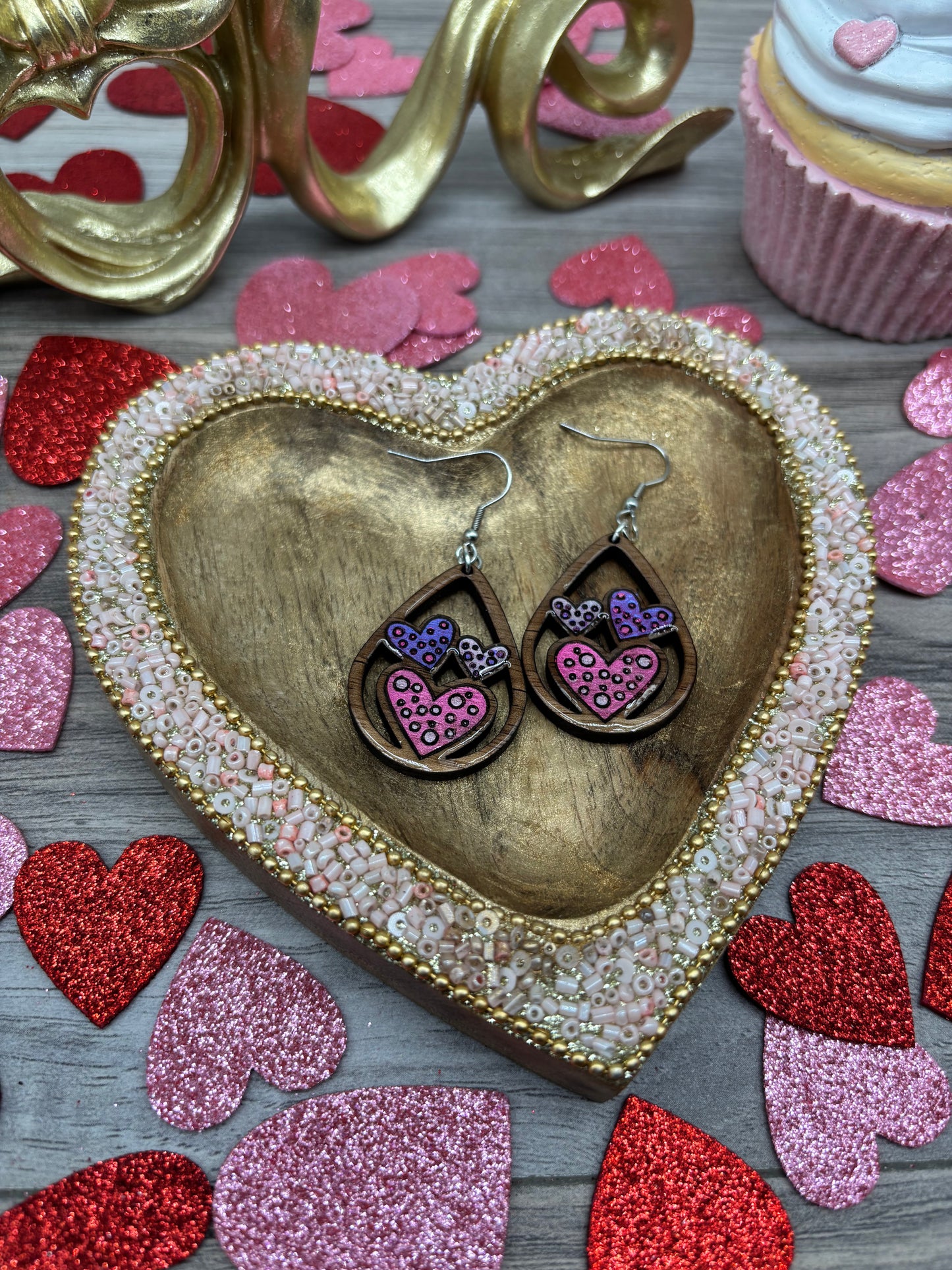 Triple Heart Teardrop Earrings – Laser Engraved & Hand Painted Black Walnut Wood