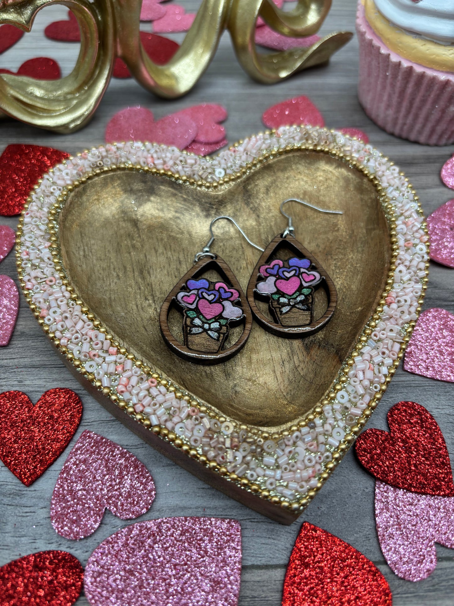 Romantic Heart Bouquet Wooden Teardrop Earrings – Laser Engraved & Hand Painted Black Walnut Wood