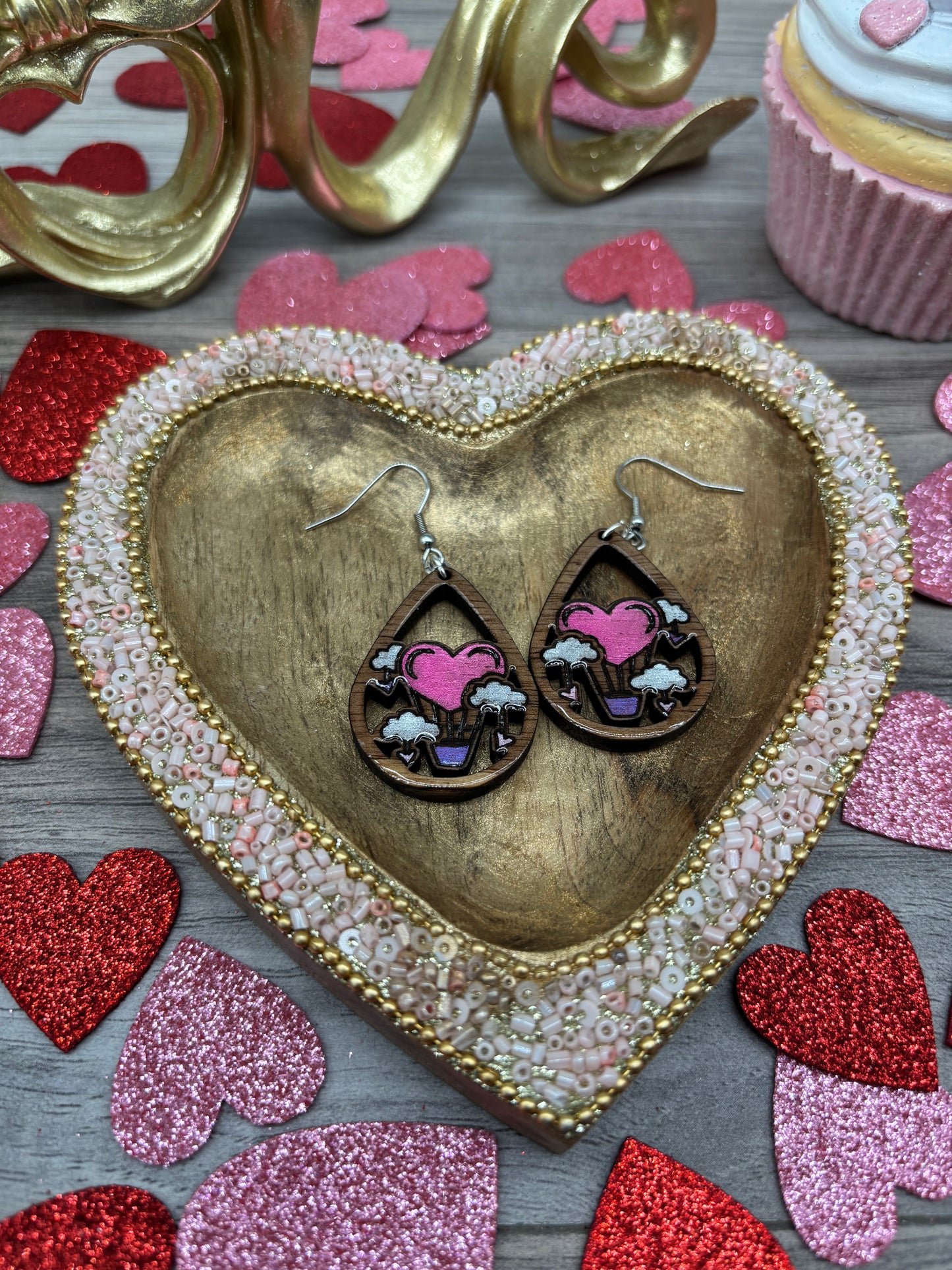 Hand Painted Black Walnut Wood Hot Air Balloon Heart Earrings