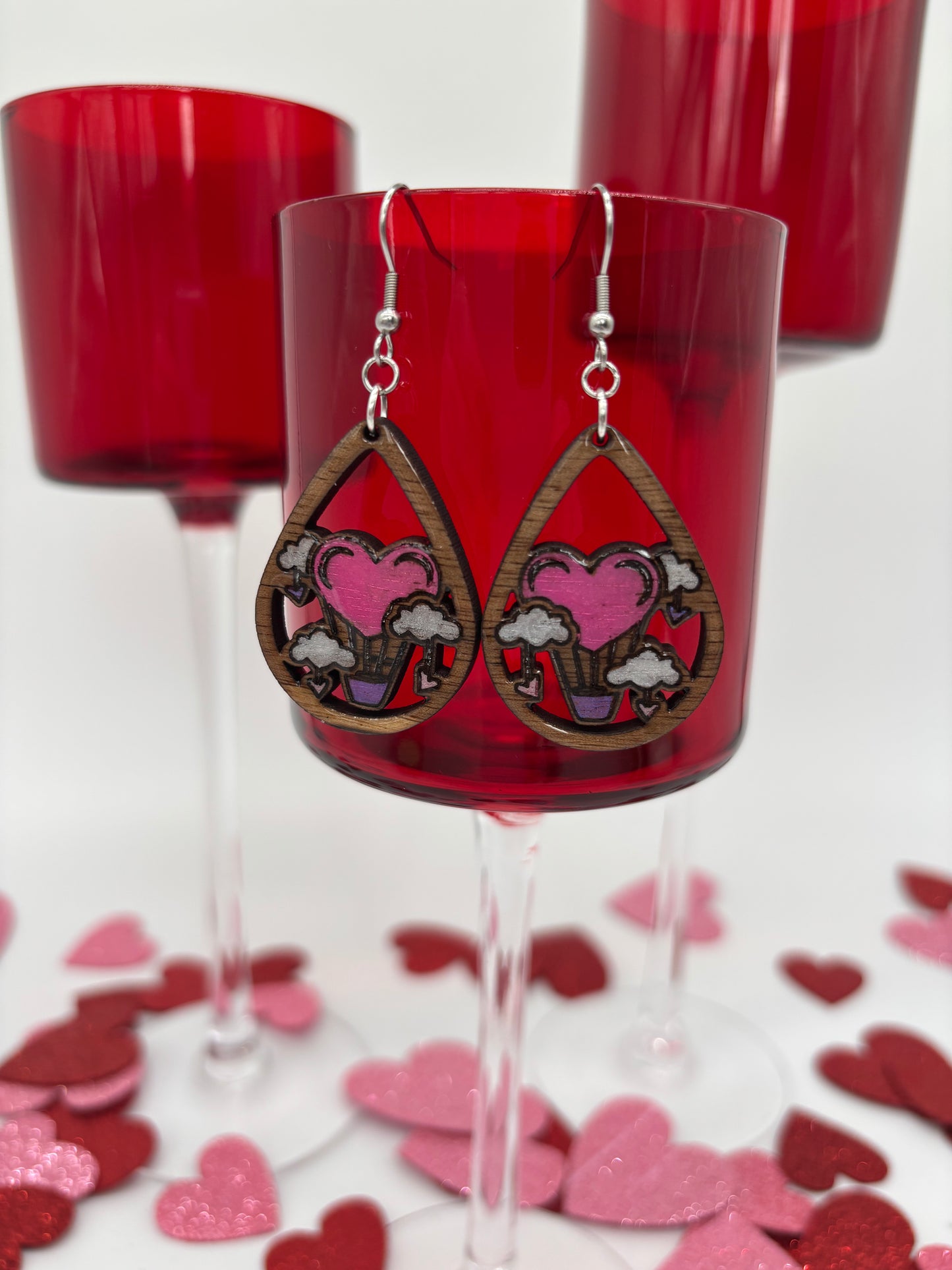 Hand Painted Black Walnut Wood Hot Air Balloon Heart Earrings