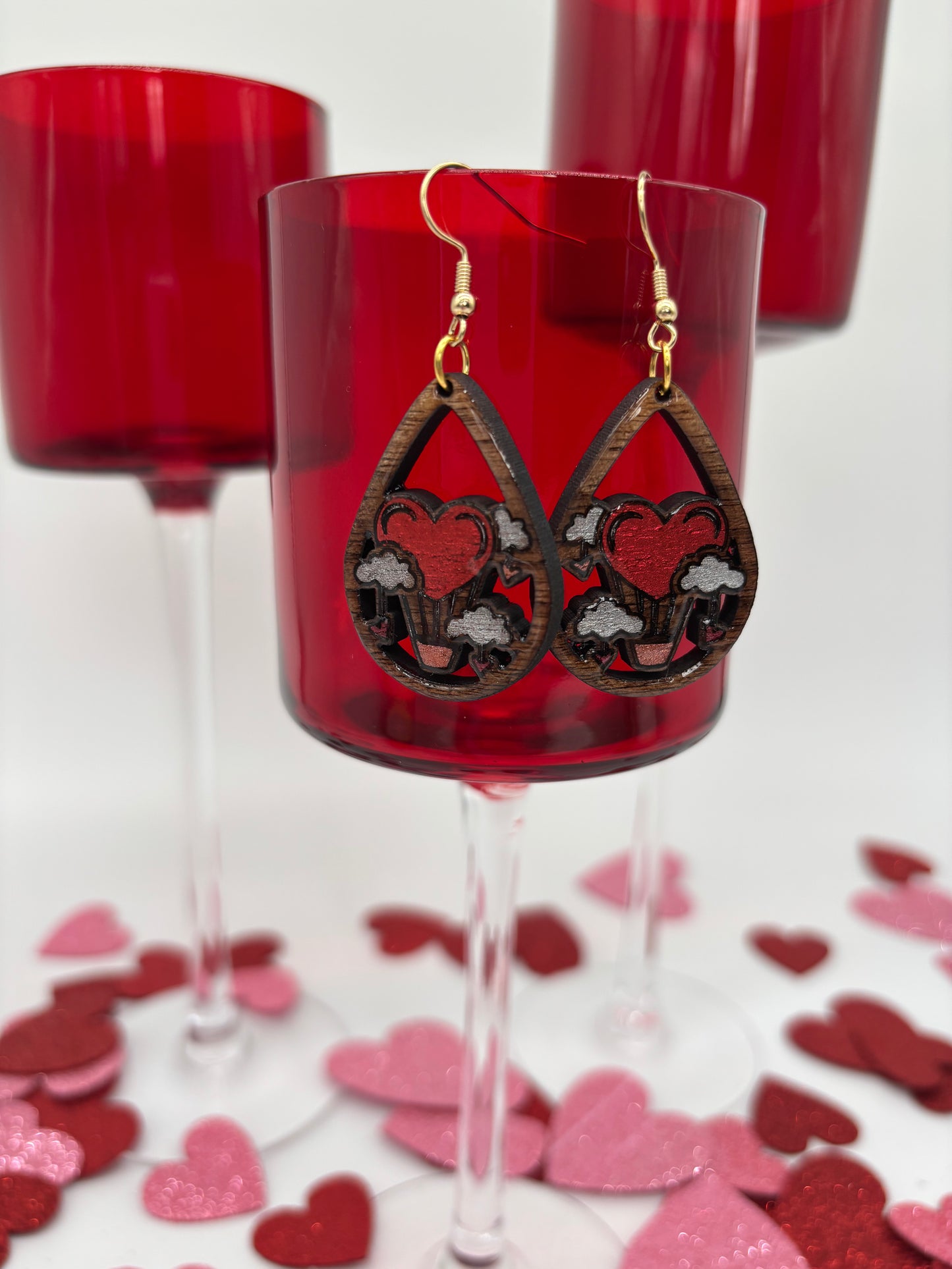 Hand Painted Black Walnut Wood Hot Air Balloon Heart Earrings