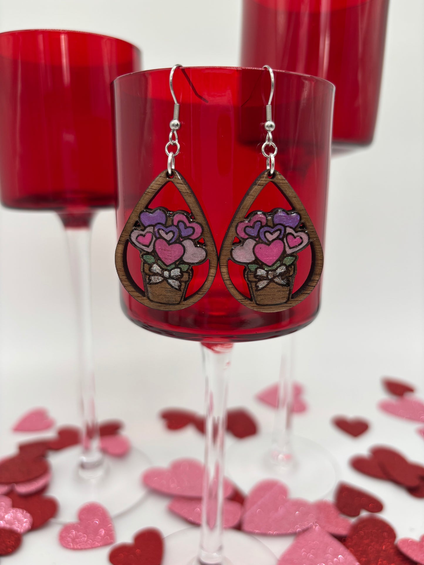 Romantic Heart Bouquet Wooden Teardrop Earrings – Laser Engraved & Hand Painted Black Walnut Wood