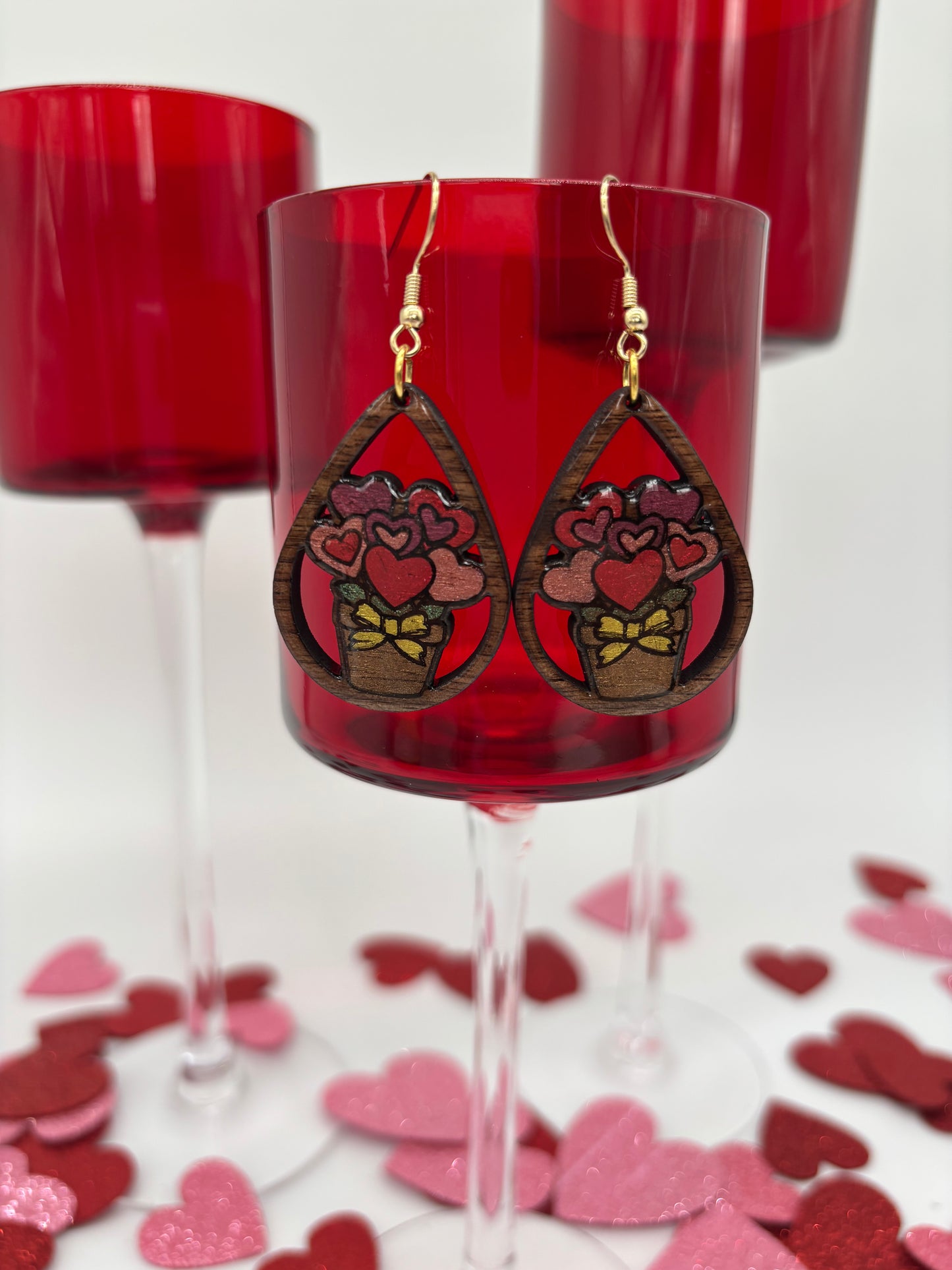 Romantic Heart Bouquet Wooden Teardrop Earrings – Laser Engraved & Hand Painted Black Walnut Wood
