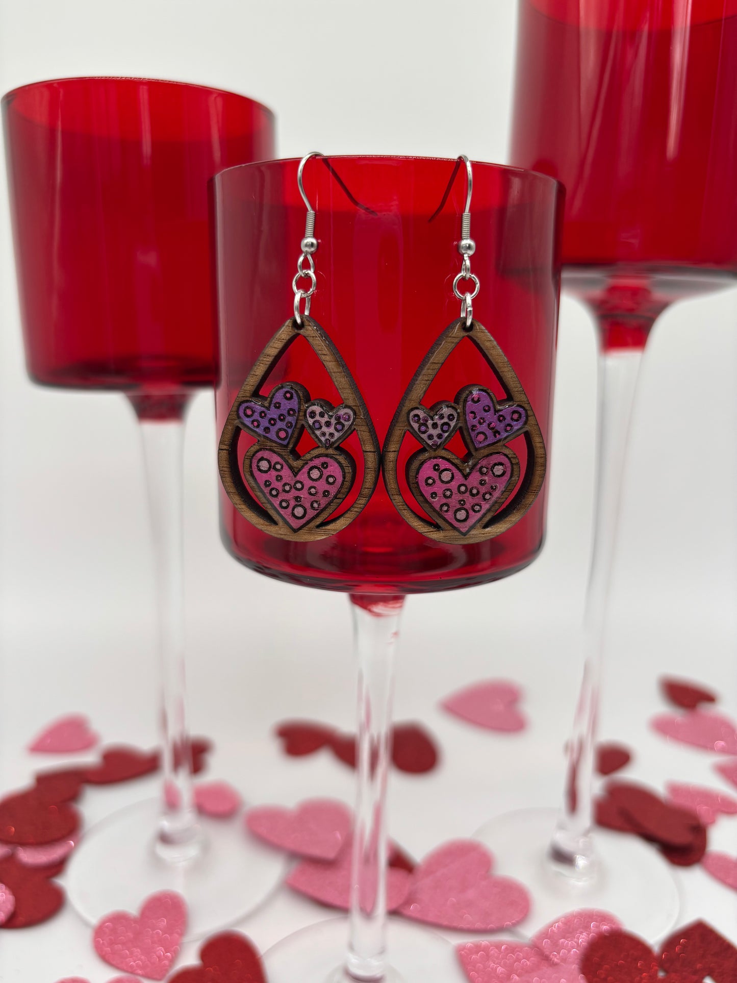 Triple Heart Teardrop Earrings – Laser Engraved & Hand Painted Black Walnut Wood