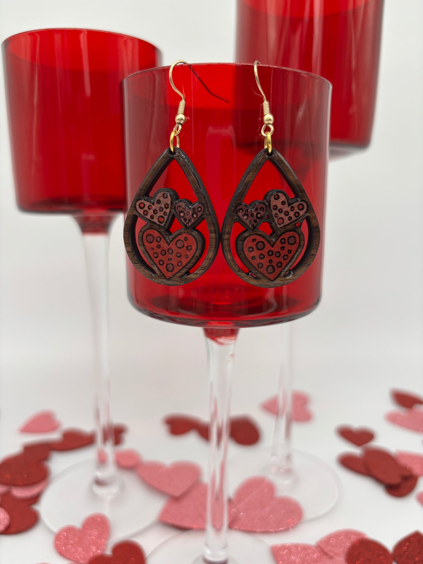 Triple Heart Teardrop Earrings – Laser Engraved & Hand Painted Black Walnut Wood