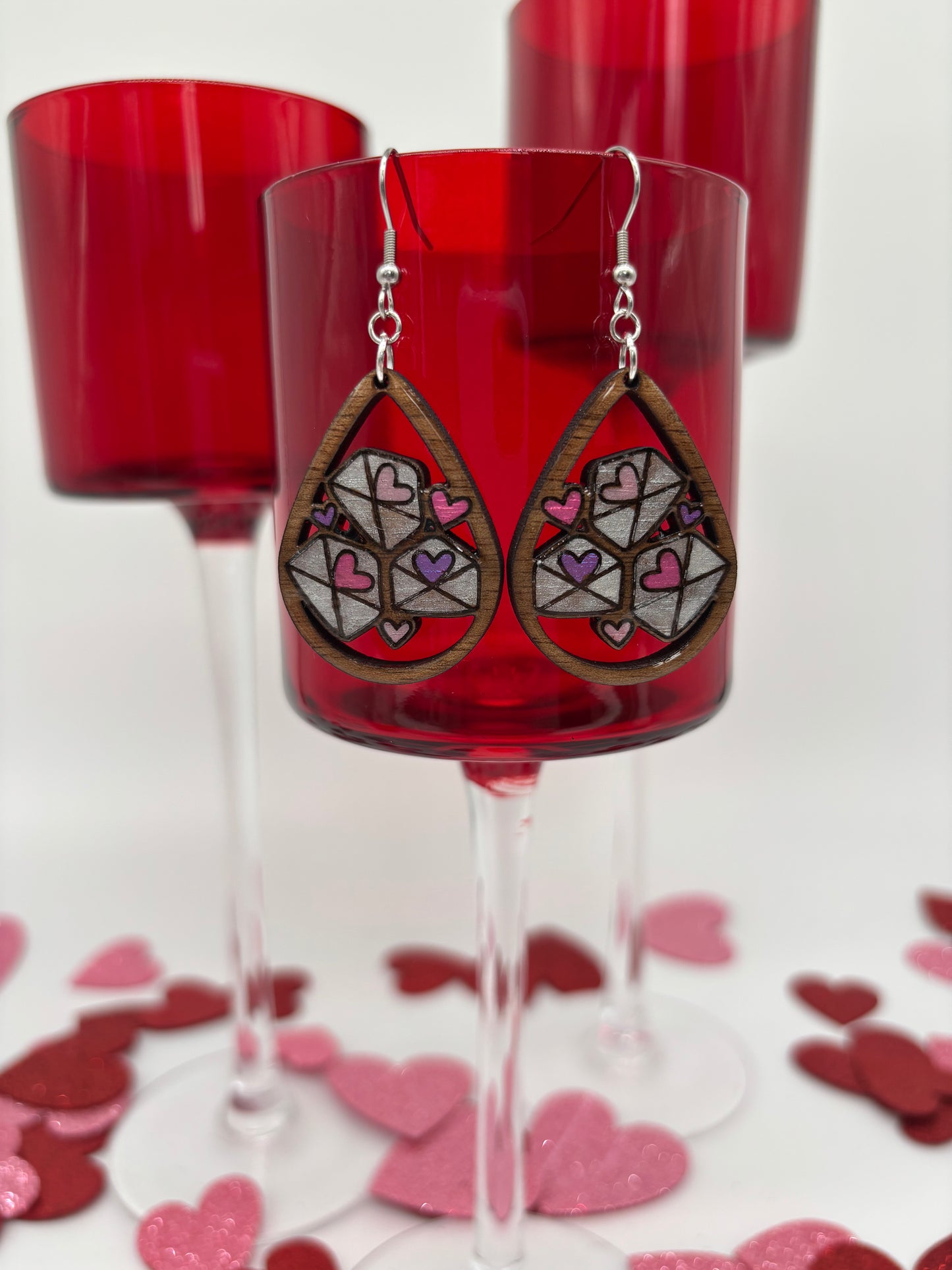 Love Letter Teardrop Earrings – Laser Engraved & Hand Painted Black Walnut Wood