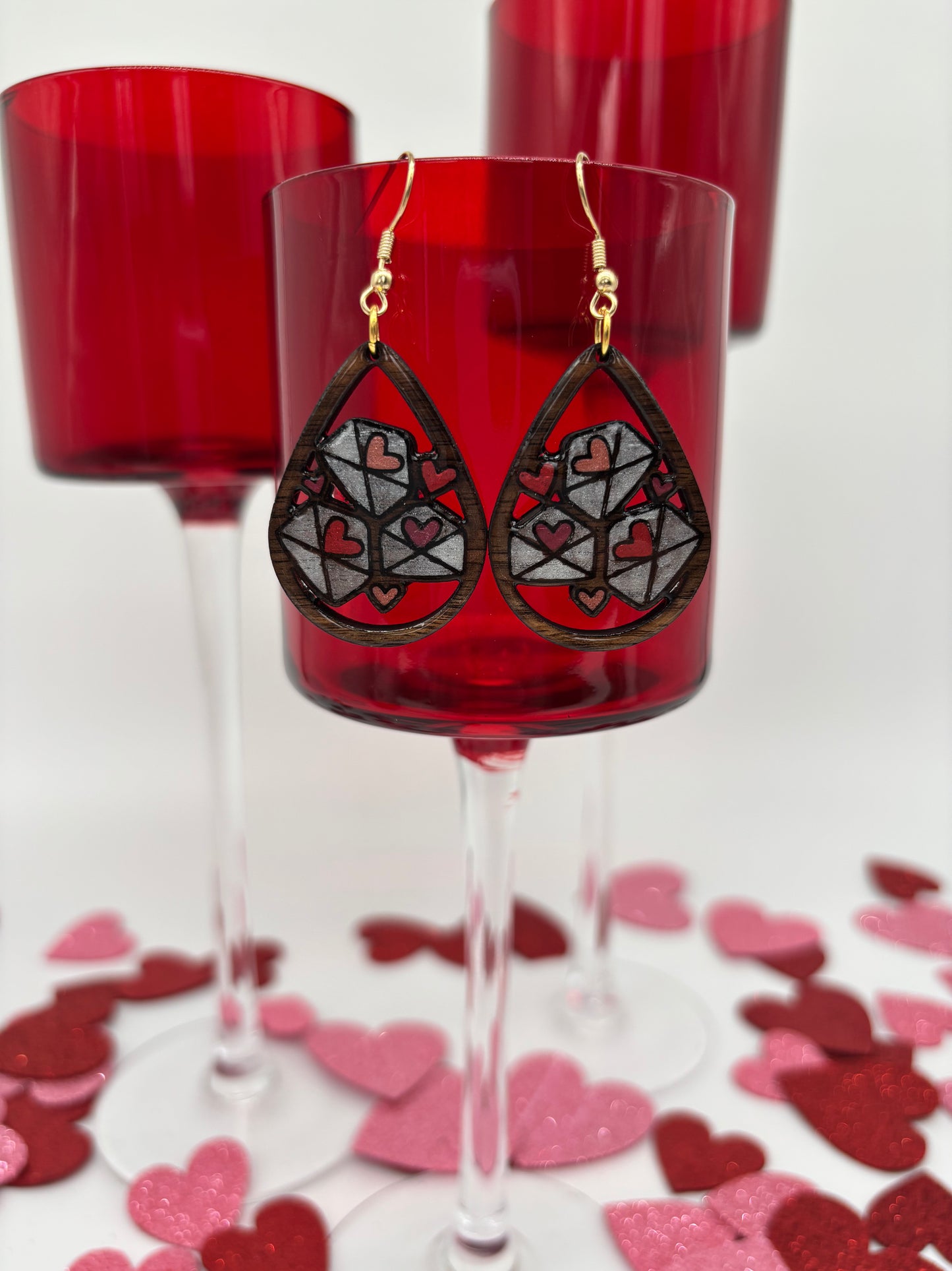 Love Letter Teardrop Earrings – Laser Engraved & Hand Painted Black Walnut Wood