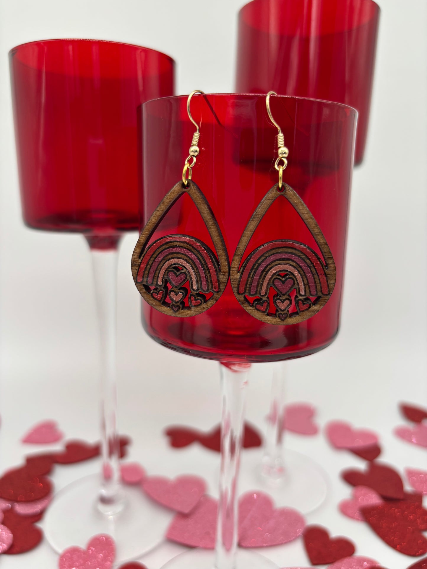 Heart Rainbow Teardrop Earrings – Laser Engraved & Hand Painted Black Walnut Wood
