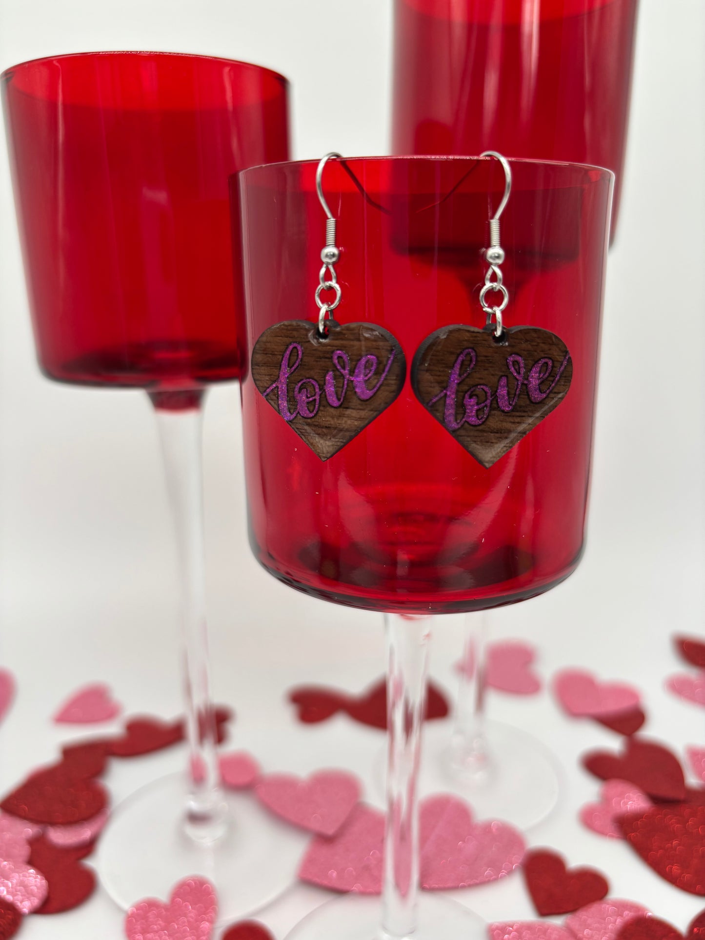 Hand Painted Black Walnut Wood “Love” Heart Earrings