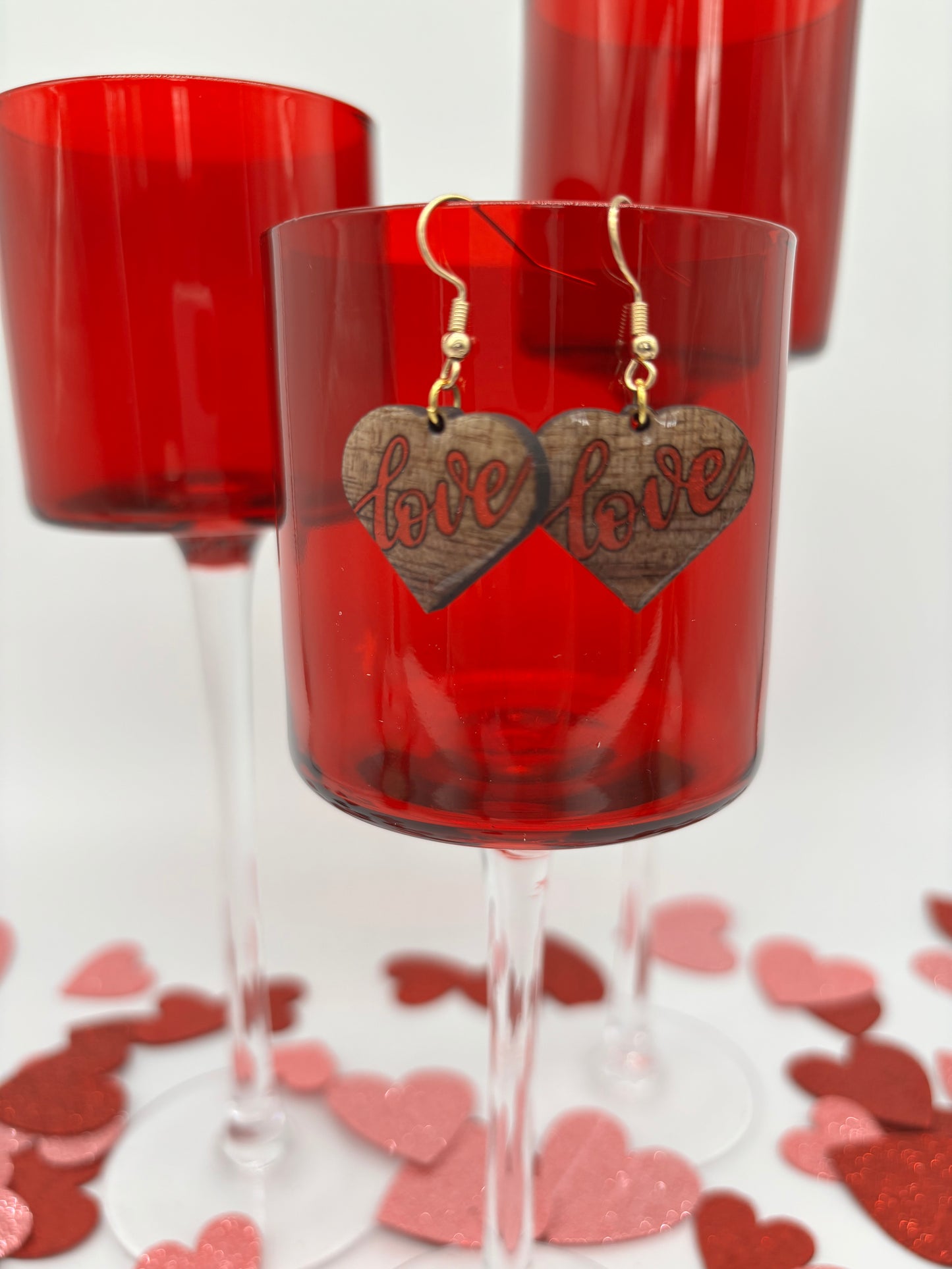 Hand Painted Black Walnut Wood “Love” Heart Earrings