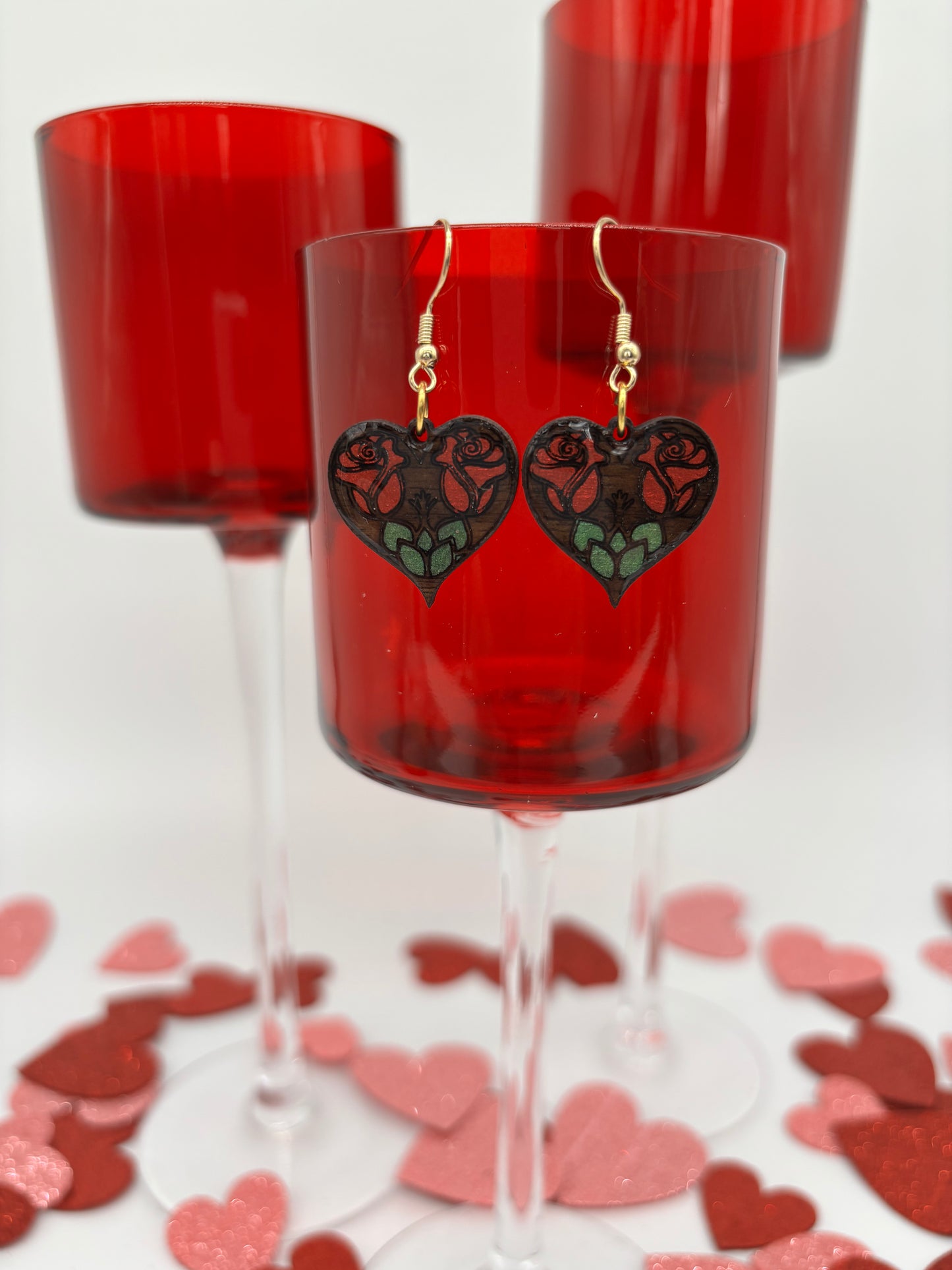 Rose Heart Earrings – Laser Engraved & Hand Painted Black Walnut Wood