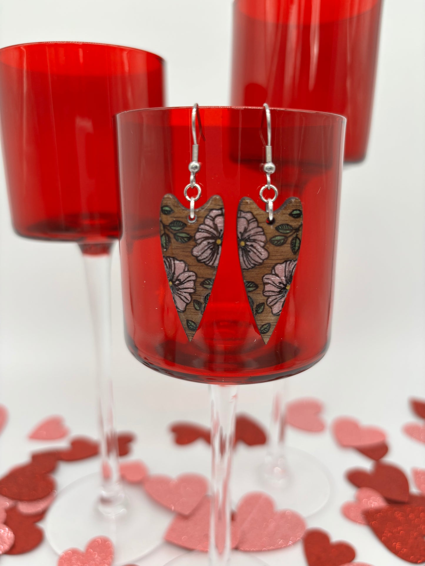 Floral Heart Drop Earrings – Laser Engraved & Hand Painted Black Walnut Wood