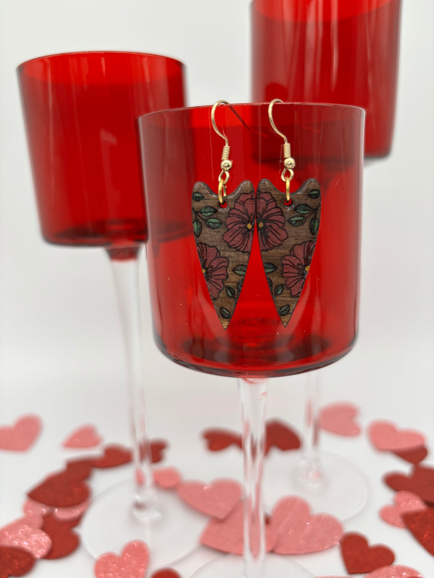 Floral Heart Drop Earrings – Laser Engraved & Hand Painted Black Walnut Wood