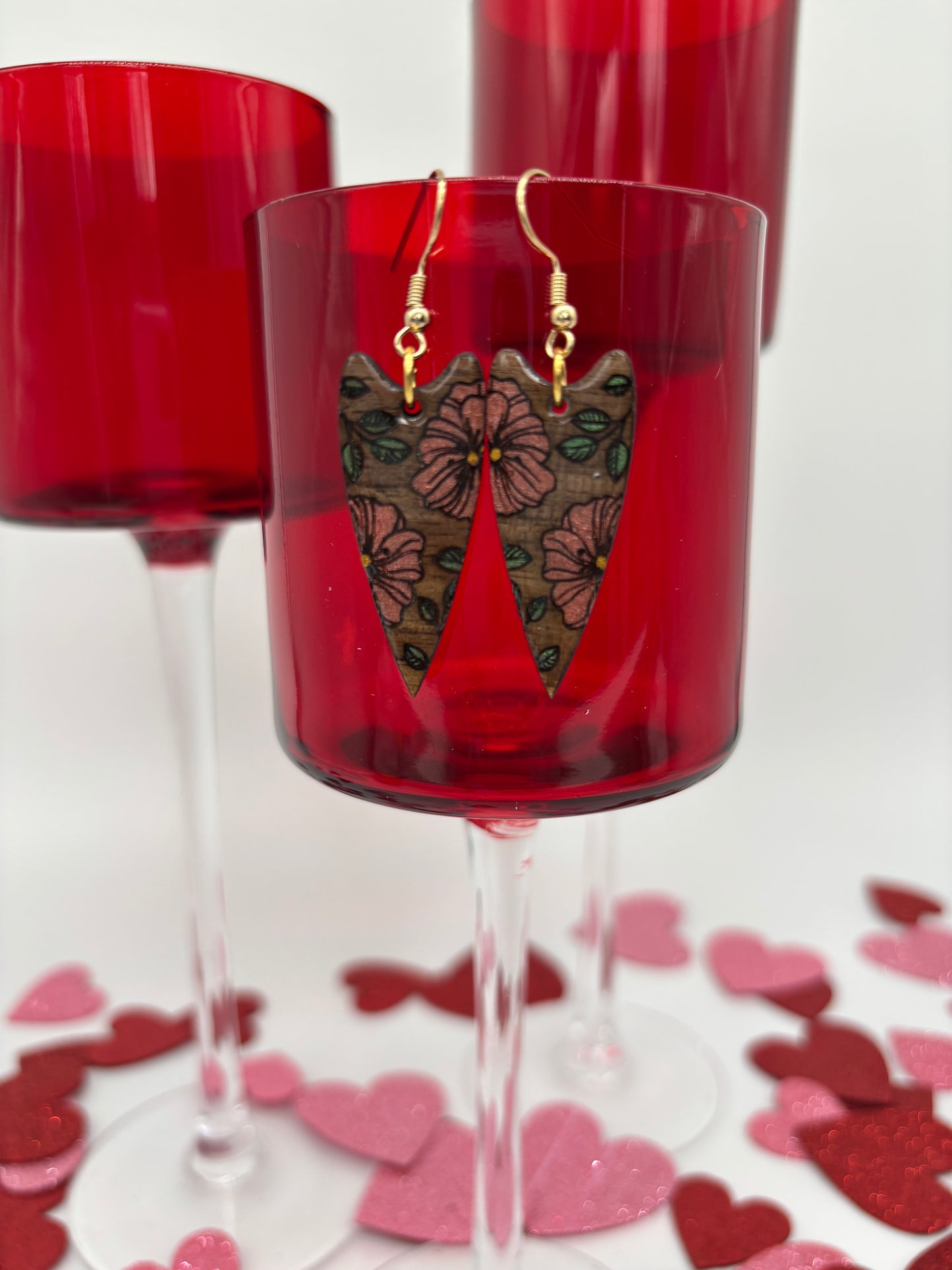 Floral Heart Drop Earrings – Laser Engraved & Hand Painted Black Walnut Wood