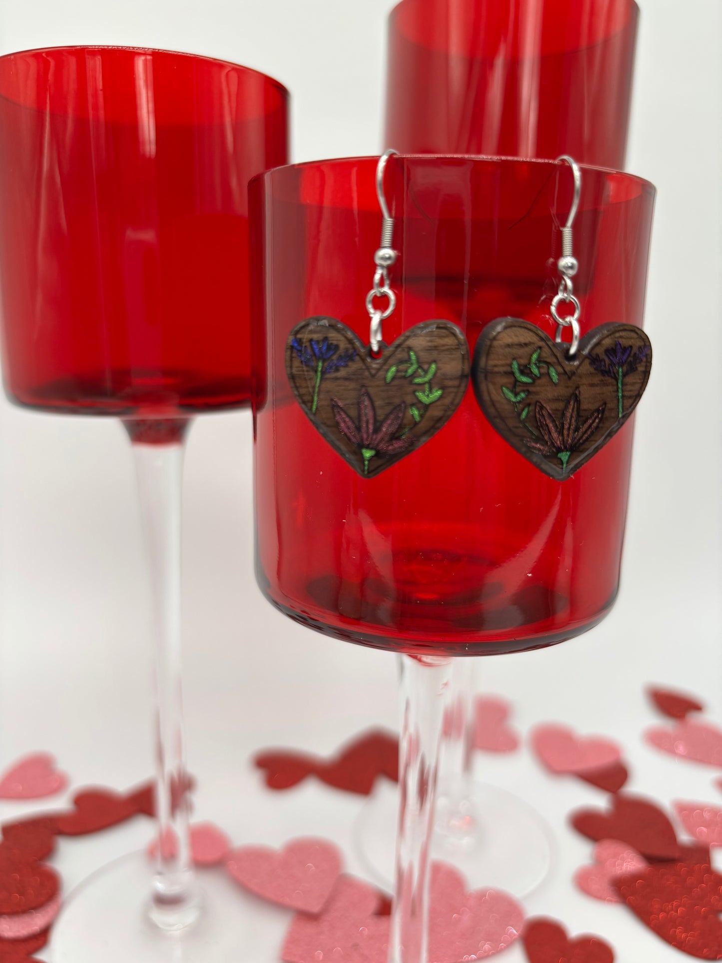 Botanical Heart Earrings – Laser Engraved & Hand Painted Black Walnut Wood