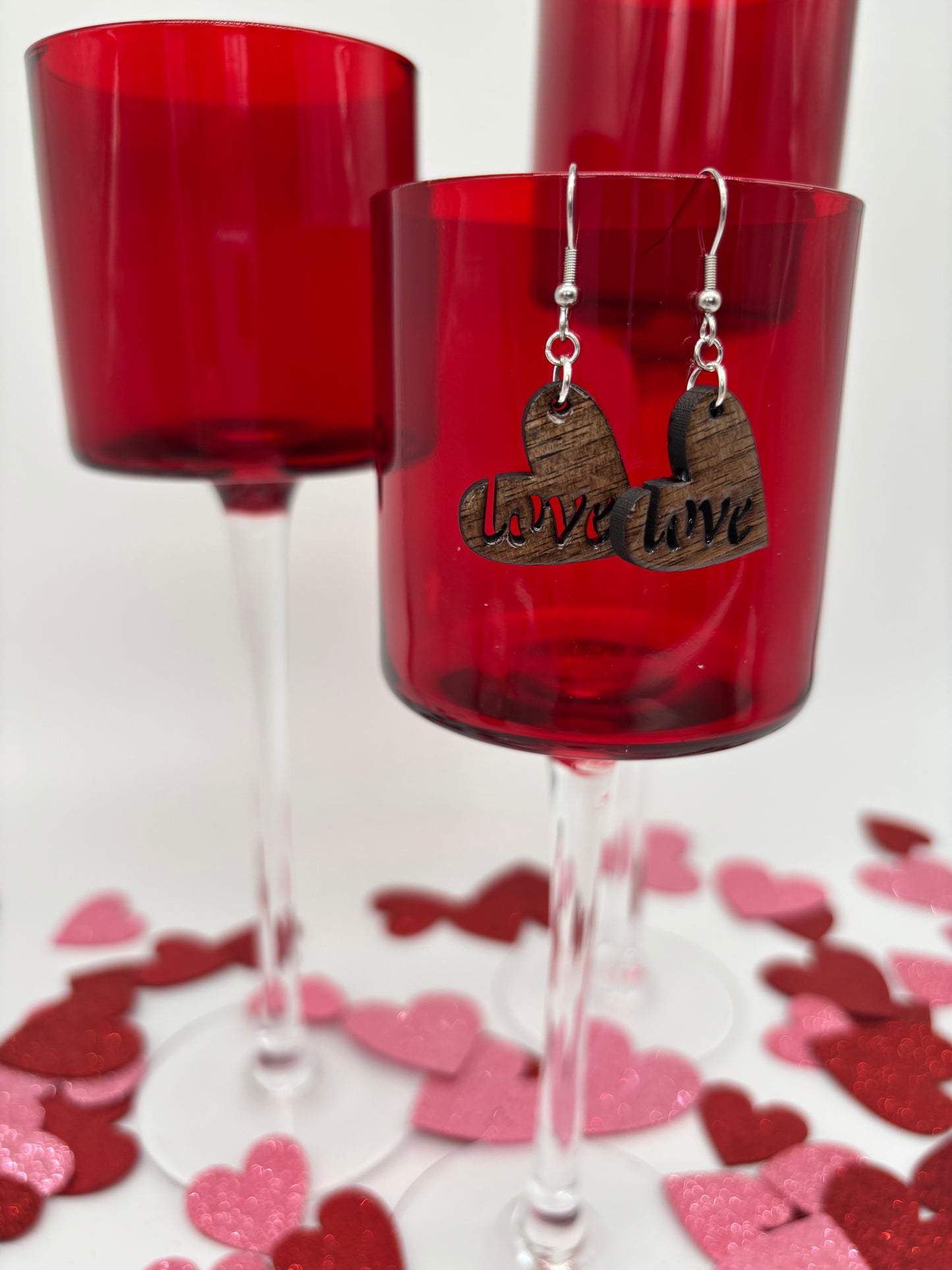 Laser Cut Black Walnut Wood “Love” Heart Earrings
