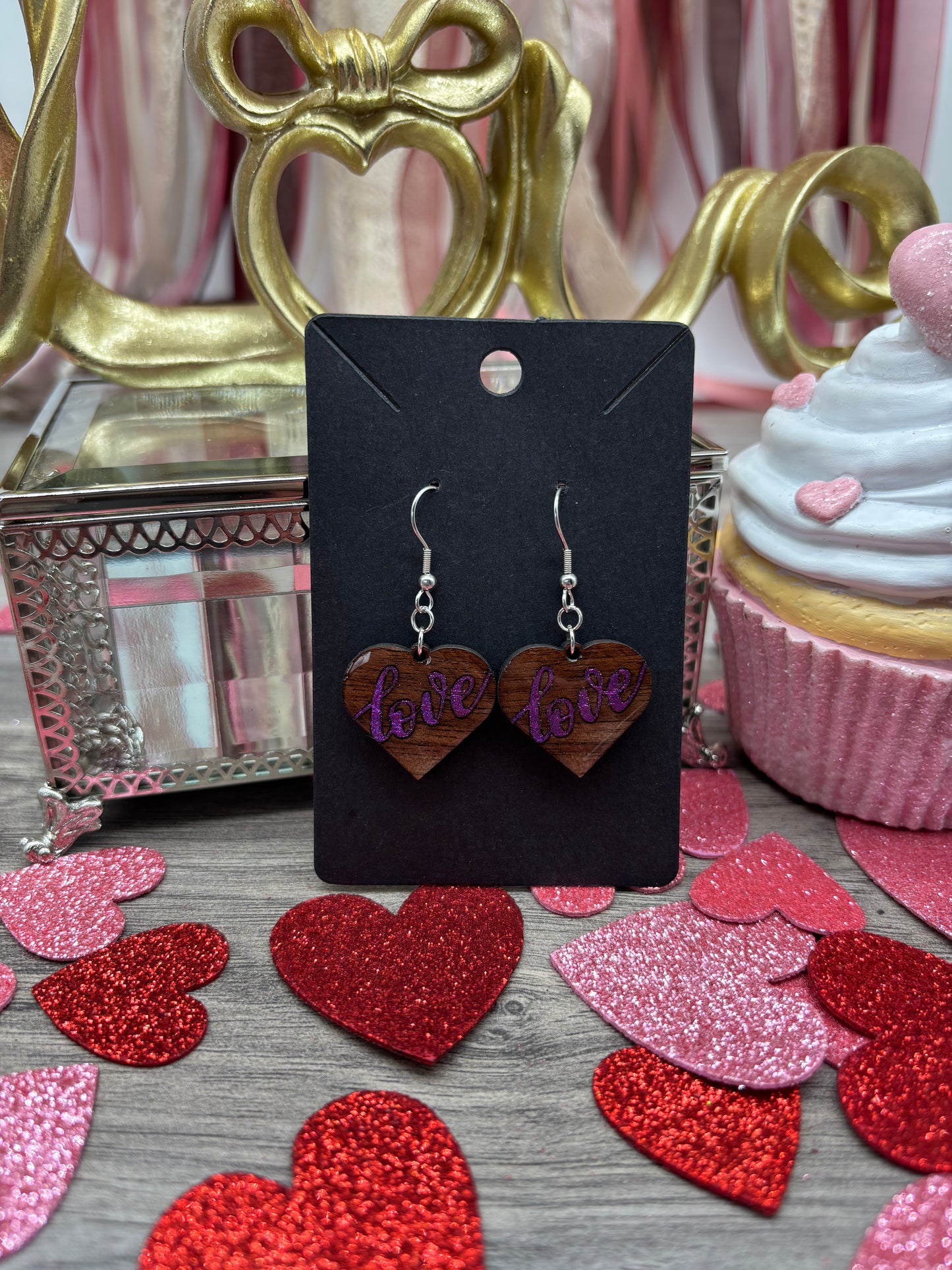 Hand Painted Black Walnut Wood “Love” Heart Earrings