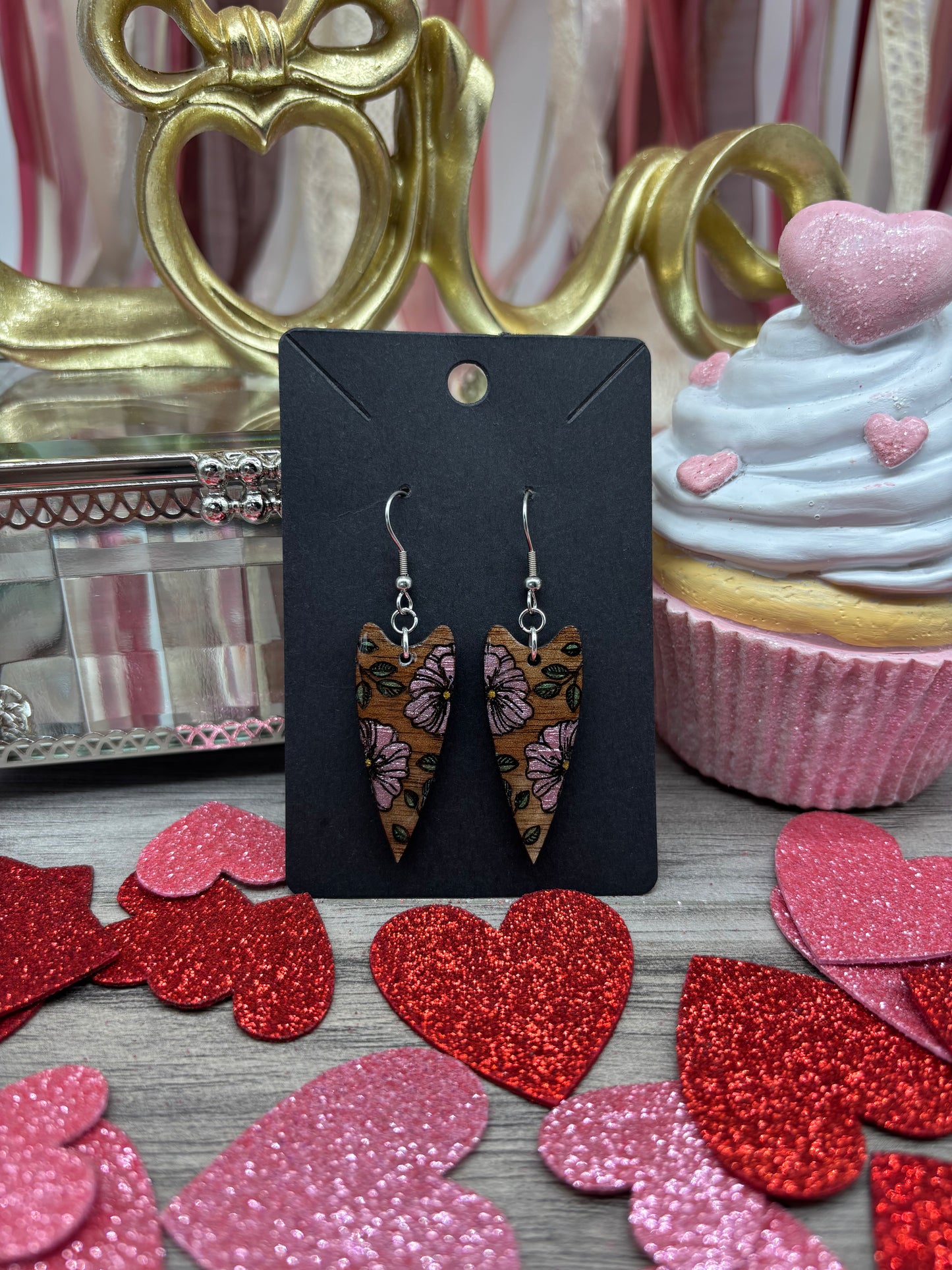 Floral Heart Drop Earrings – Laser Engraved & Hand Painted Black Walnut Wood