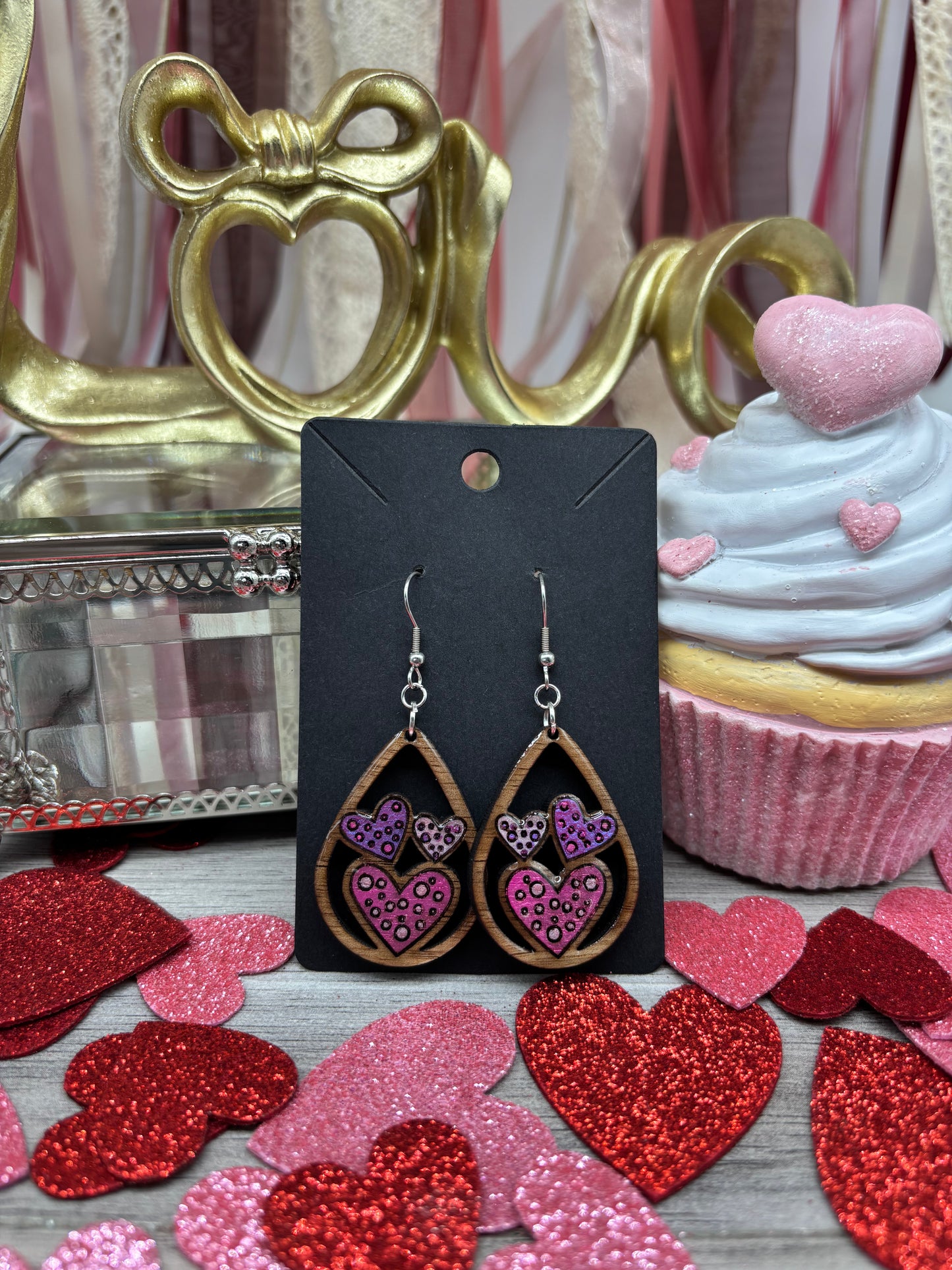Triple Heart Teardrop Earrings – Laser Engraved & Hand Painted Black Walnut Wood