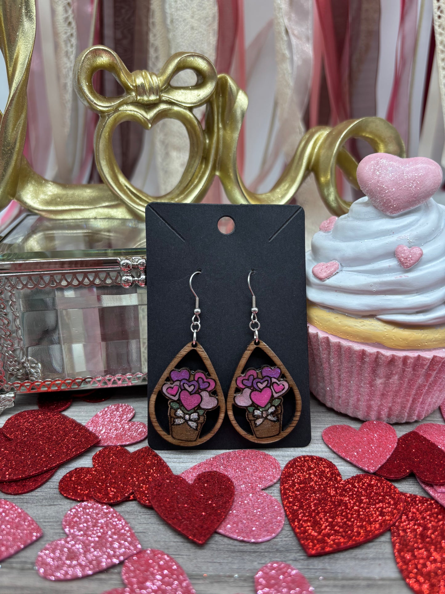 Romantic Heart Bouquet Wooden Teardrop Earrings – Laser Engraved & Hand Painted Black Walnut Wood