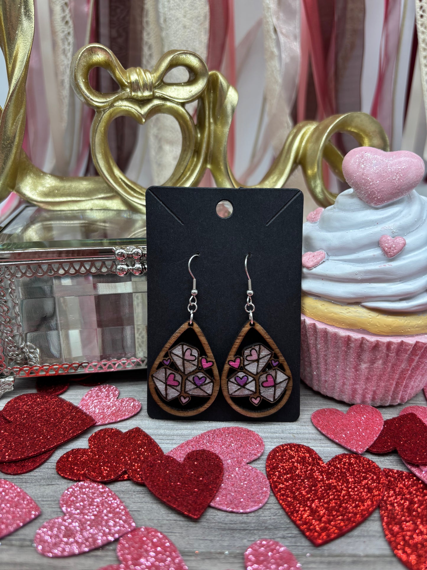 Love Letter Teardrop Earrings – Laser Engraved & Hand Painted Black Walnut Wood