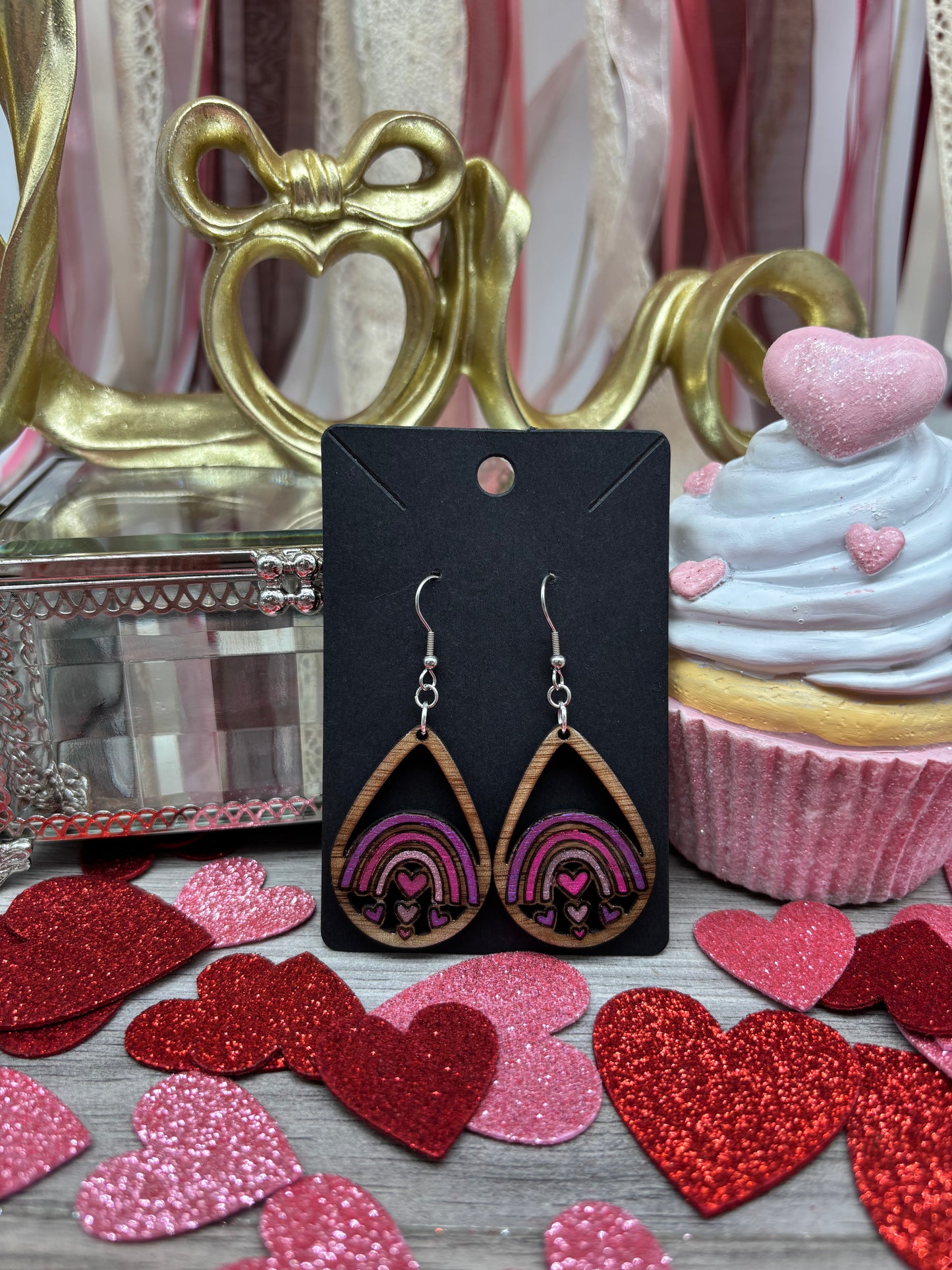 Heart Rainbow Teardrop Earrings – Laser Engraved & Hand Painted Black Walnut Wood