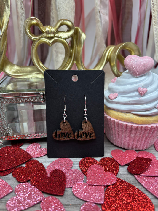 Laser Cut Black Walnut Wood “Love” Heart Earrings
